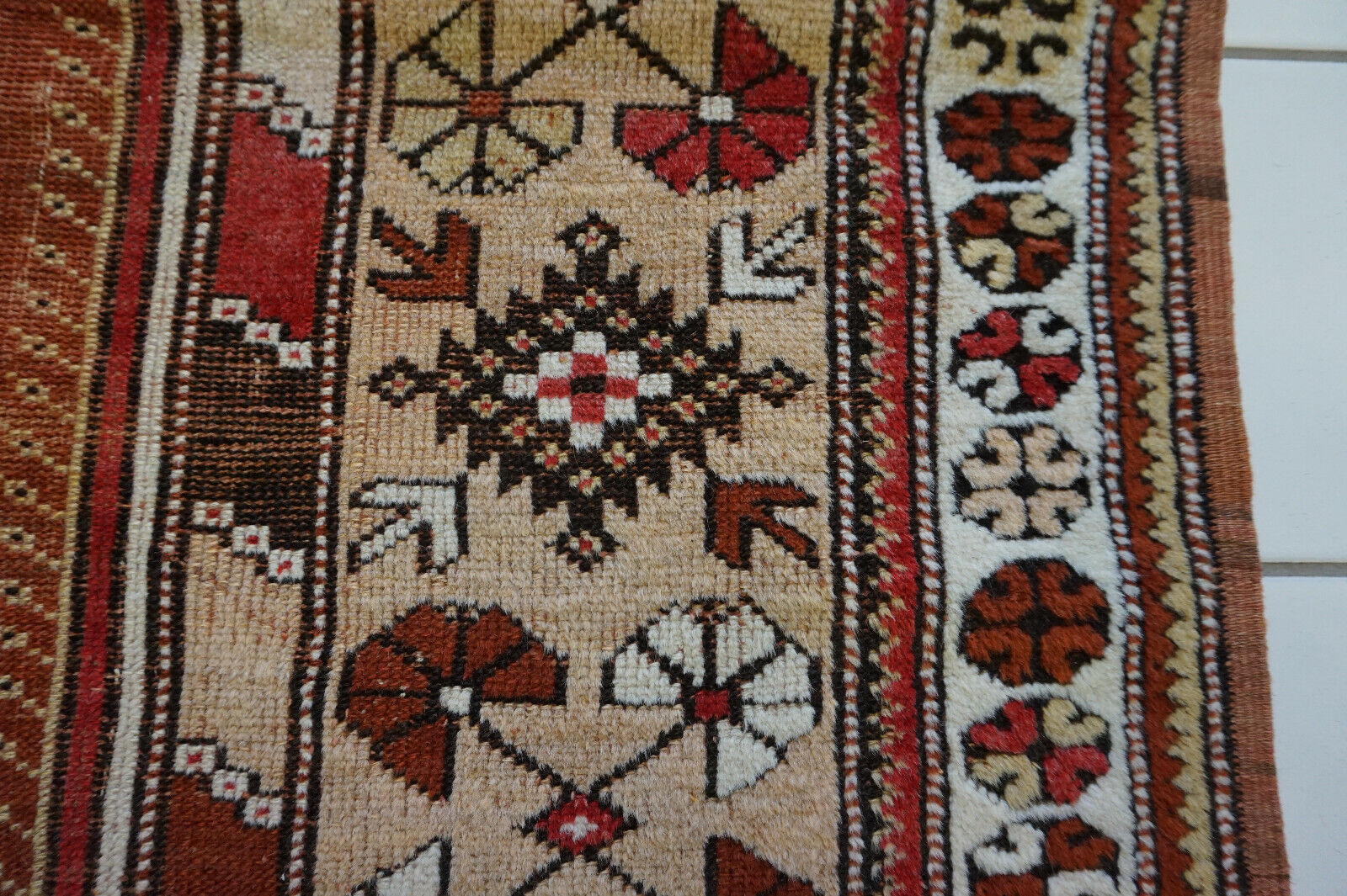 Close-up of the rich, intricate design on the Handmade Traditional Turkish Melas Rug