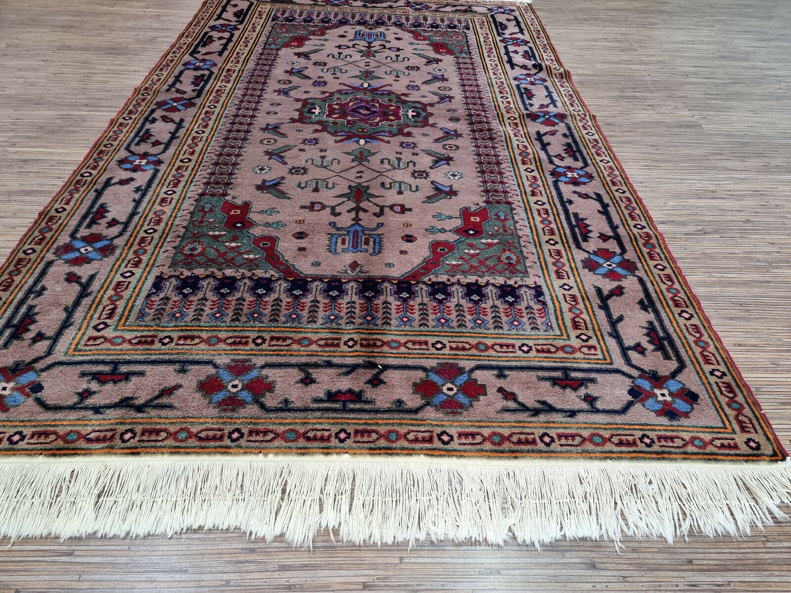 Close-up of sophistication on Handmade Vintage Caucasian Shirvan Rug - Detailed view showcasing the rug's sophistication and timeless elegance.