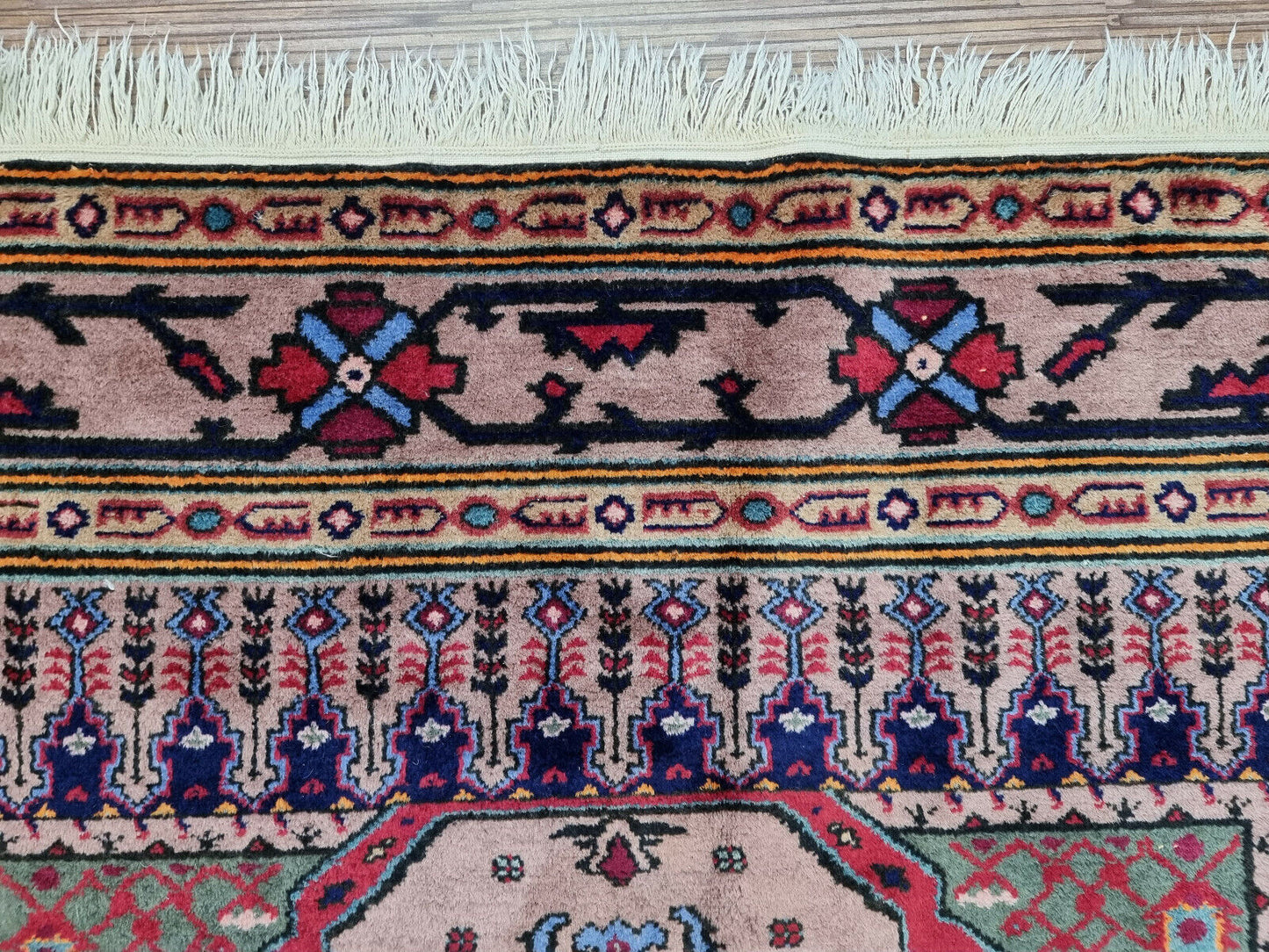 Close-up of wool texture on Handmade Vintage Caucasian Shirvan Rug - Detailed view highlighting the wool texture known for its durability and comfort.
