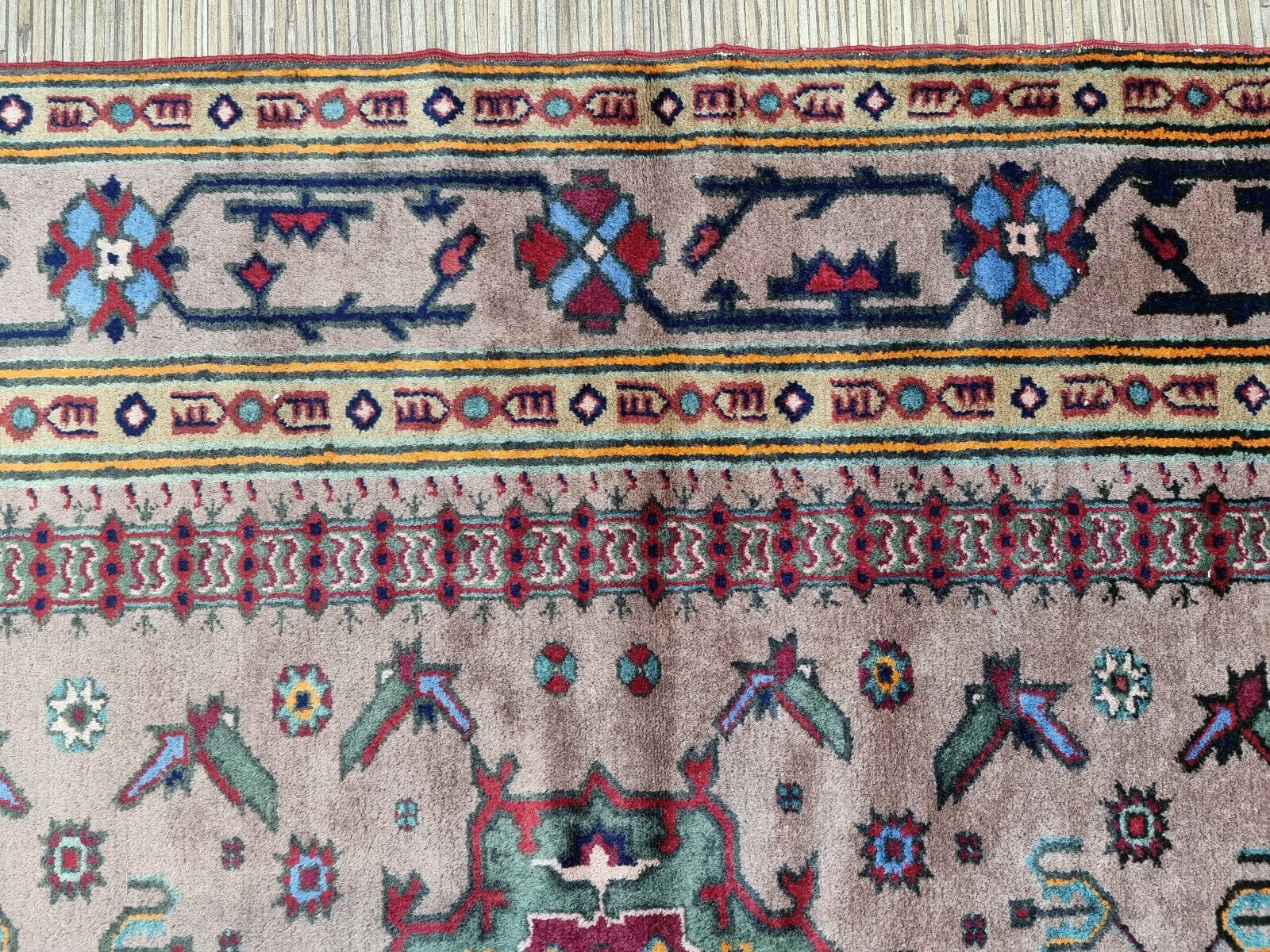 Close-up of beige tones on Handmade Vintage Caucasian Shirvan Rug - Detailed view emphasizing the subtle beige tones complementing the rug's color palette.