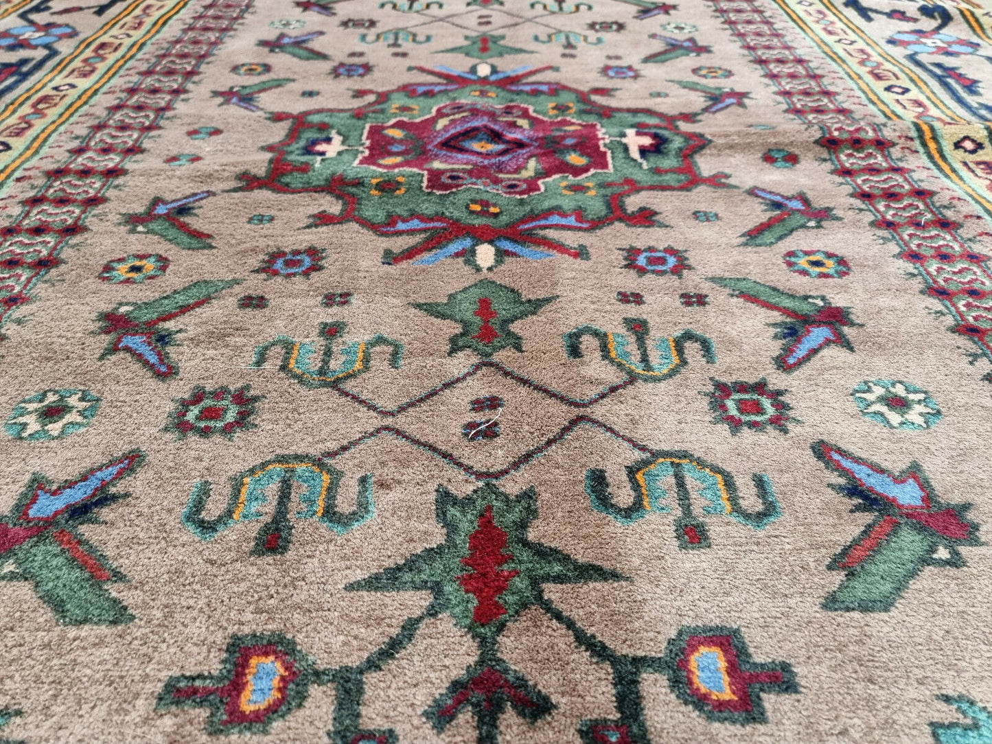 Close-up of complex pattern on Handmade Vintage Caucasian Shirvan Rug - Detailed view showcasing the intricate pattern with various shapes and symbols.