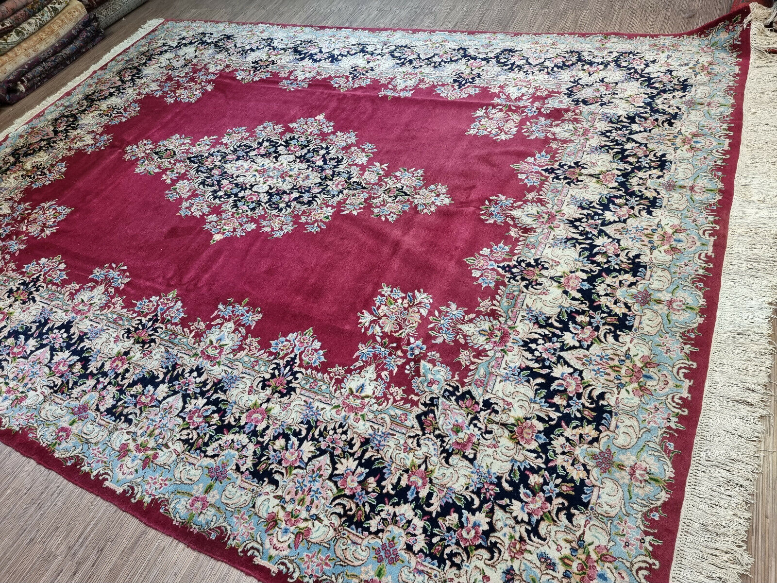 Close-up of historical significance on Handmade Vintage Persian Kerman Rug - Detailed view highlighting the historical and cultural significance of Kerman rugs.