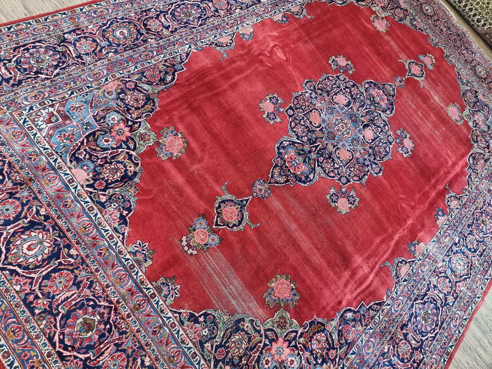Texture Detail of Handcrafted Wool Material on Antique Persian Kashan Rug - 1920s