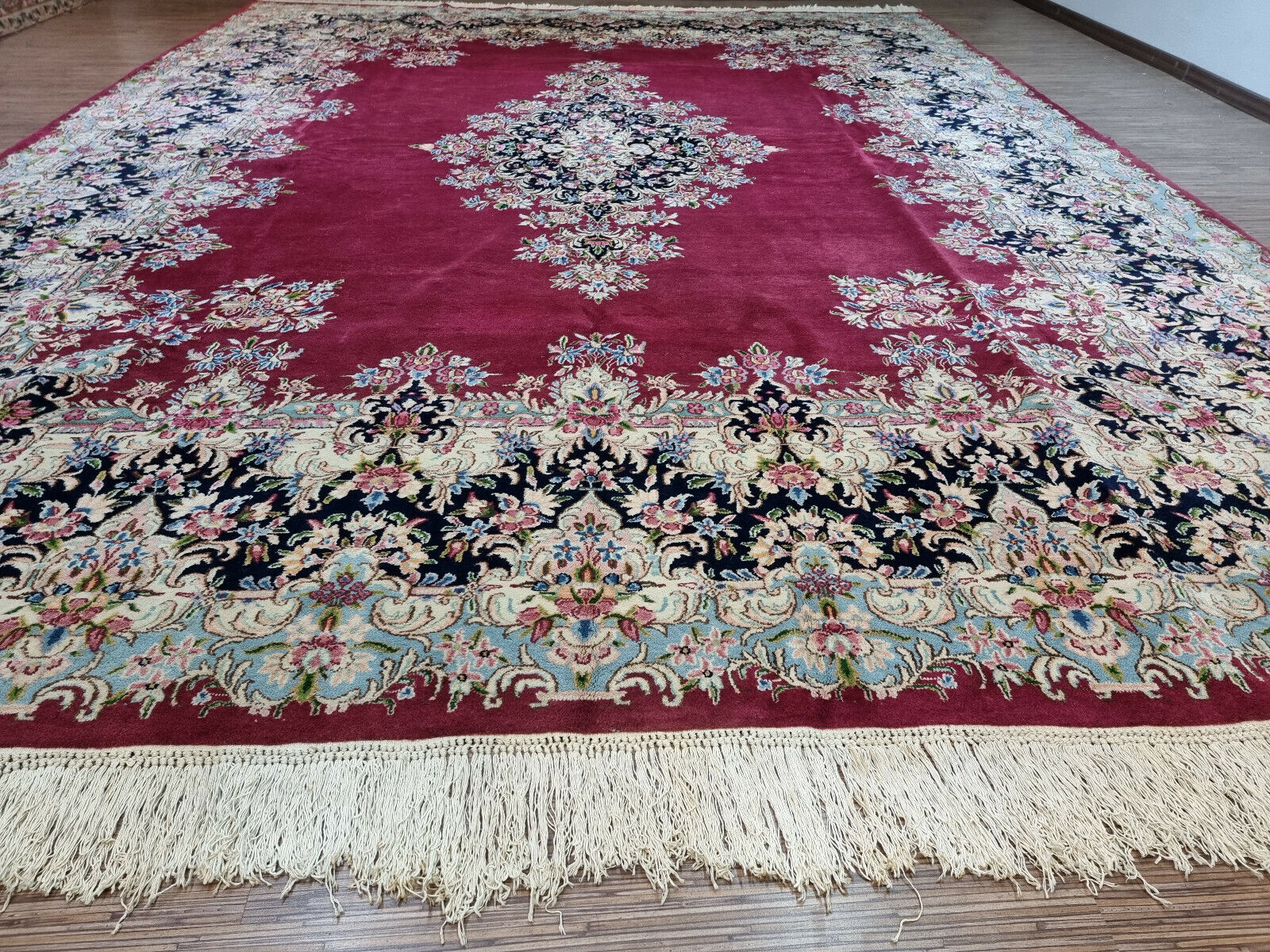 Close-up of 1970s craftsmanship on Handmade Vintage Persian Kerman Rug - Detailed view showcasing the craftsmanship characteristic of rugs made in the 1970s.