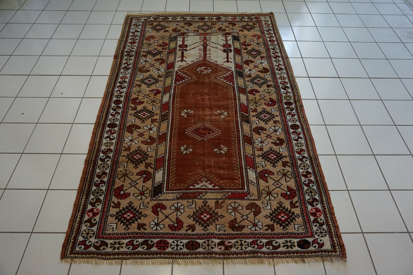 Side angle shot of the Handmade Traditional Turkish Melas Rug showcasing size and scale
