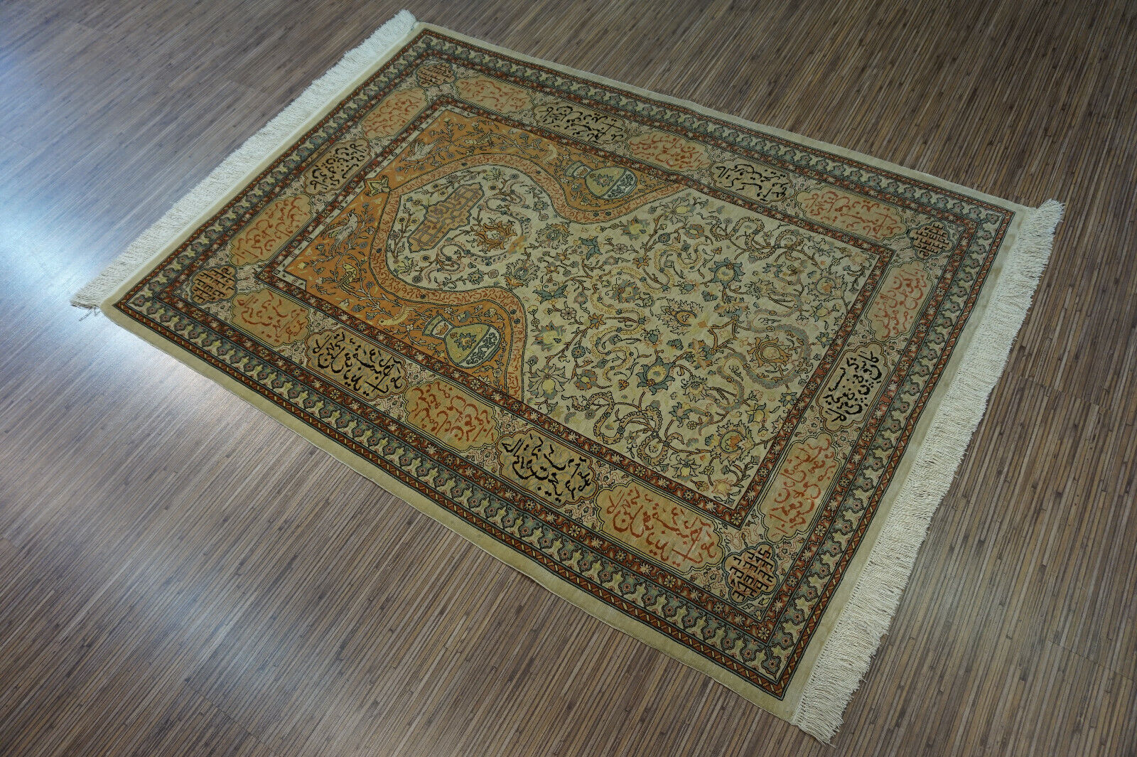Artistic display of the Handmade Vintage Turkish Hereke Silk Rug as a room centerpiece