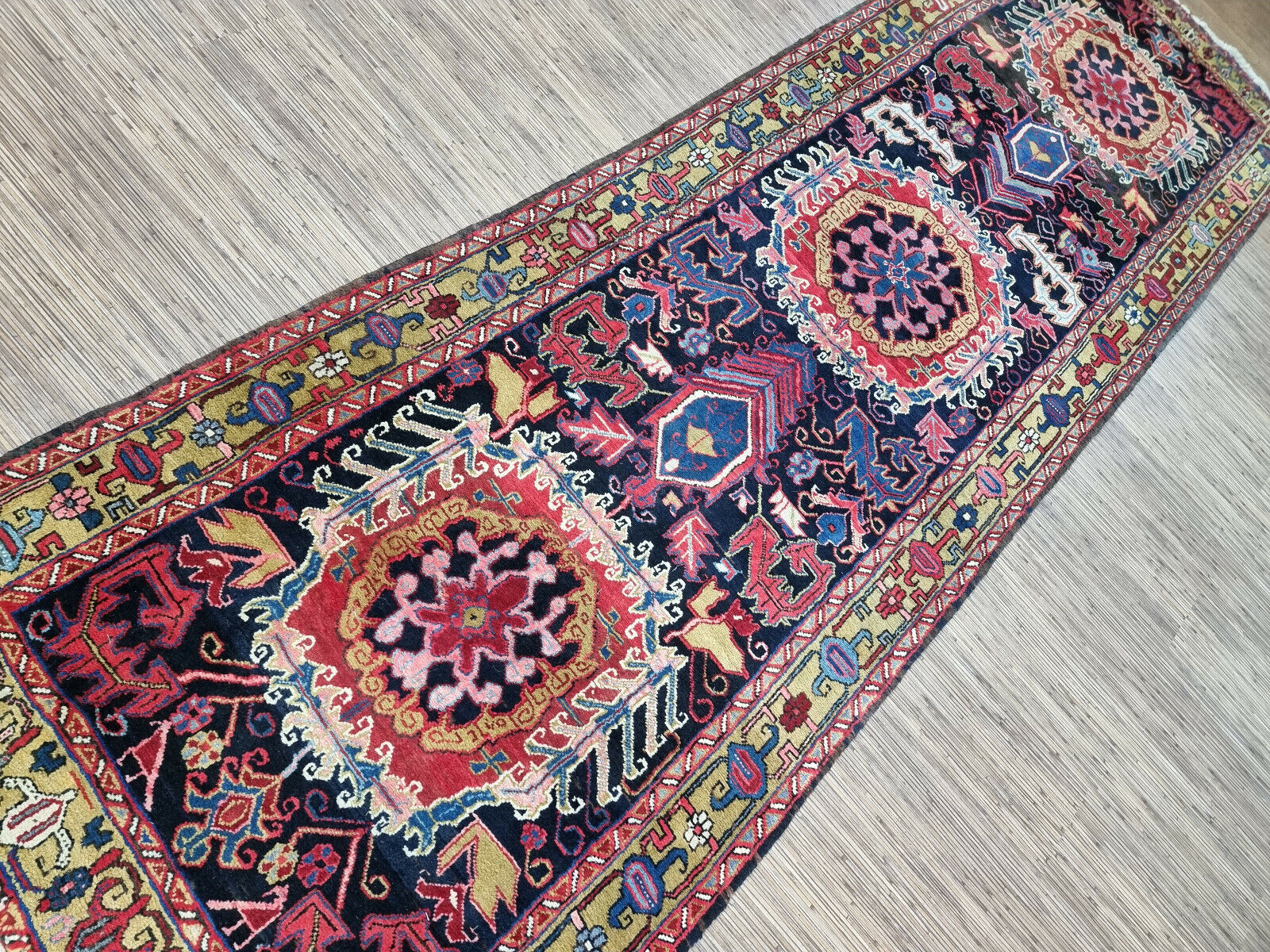 Close-up of durability on Handmade Antique Persian Heriz Runner Rug - Detailed view emphasizing the durability of the rug's construction and material.