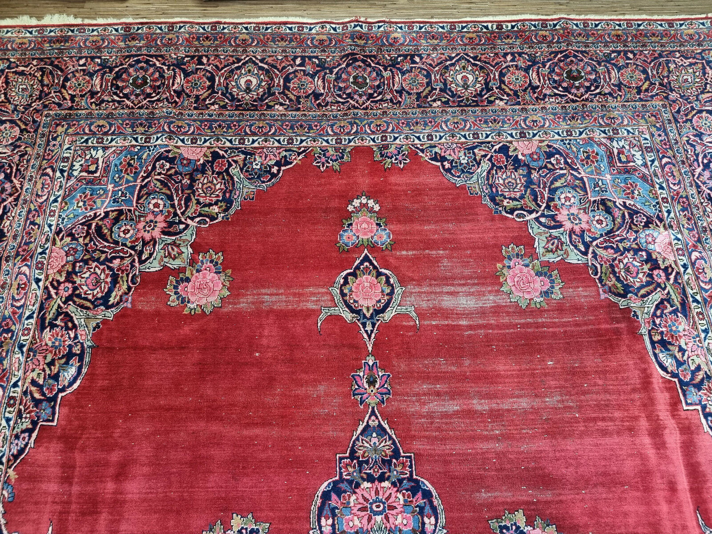 Zoomed-in Shot of Traditional Medallion Design on Antique Persian Kashan Rug - 1920s