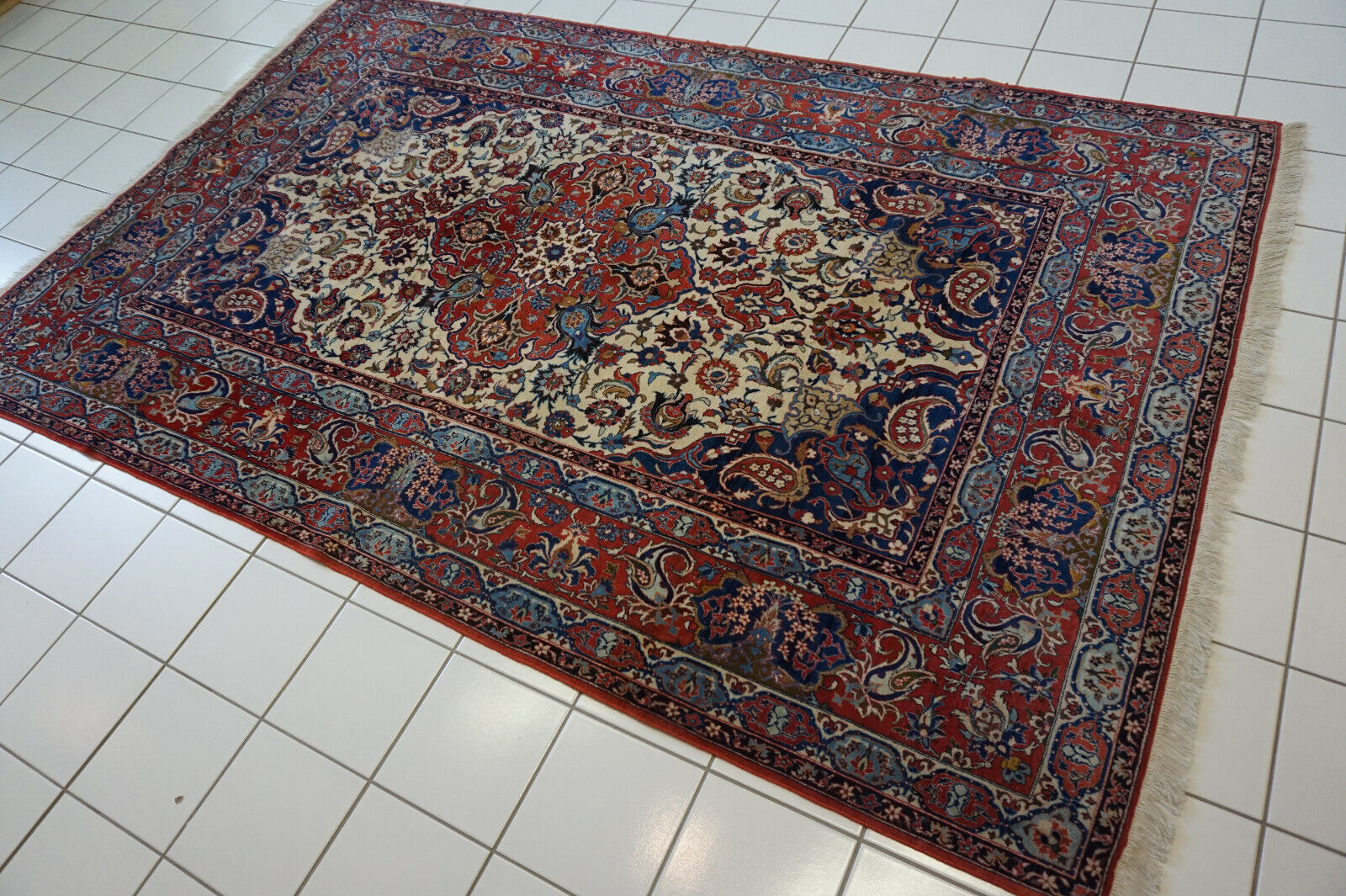 Detailed close-up of the intricate patterns on the Handmade Antique Persian Style Isfahan Rug
