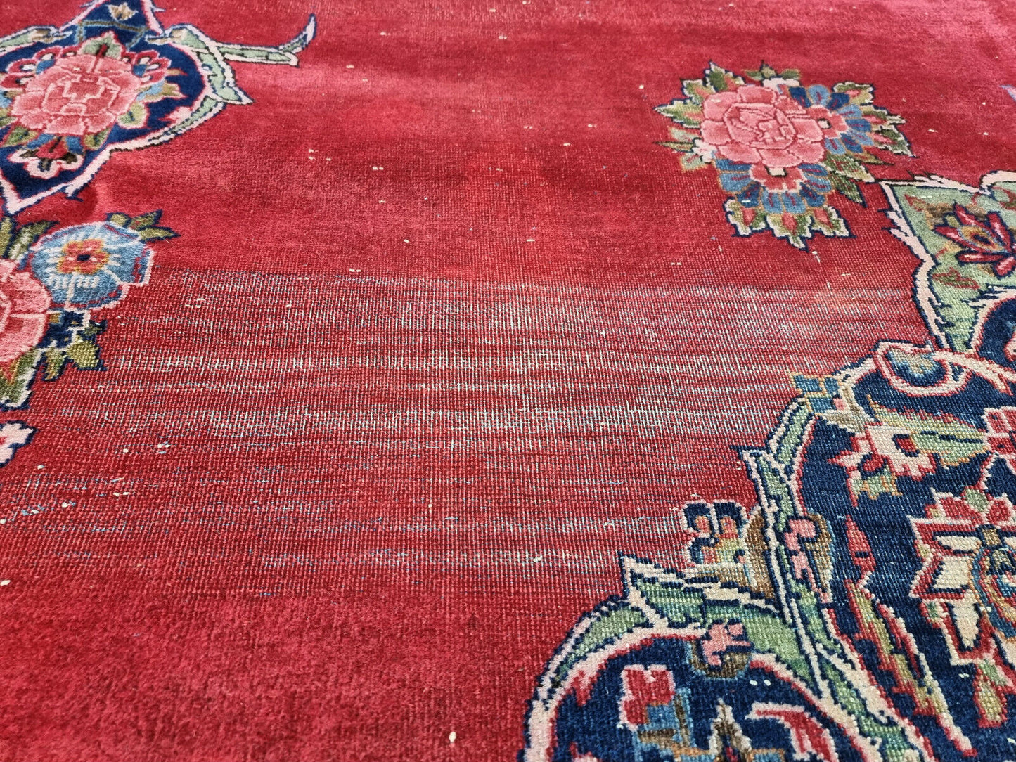 Texture Close-up of Distressed Finish on Handmade Antique Persian Kashan Rug - 1920s