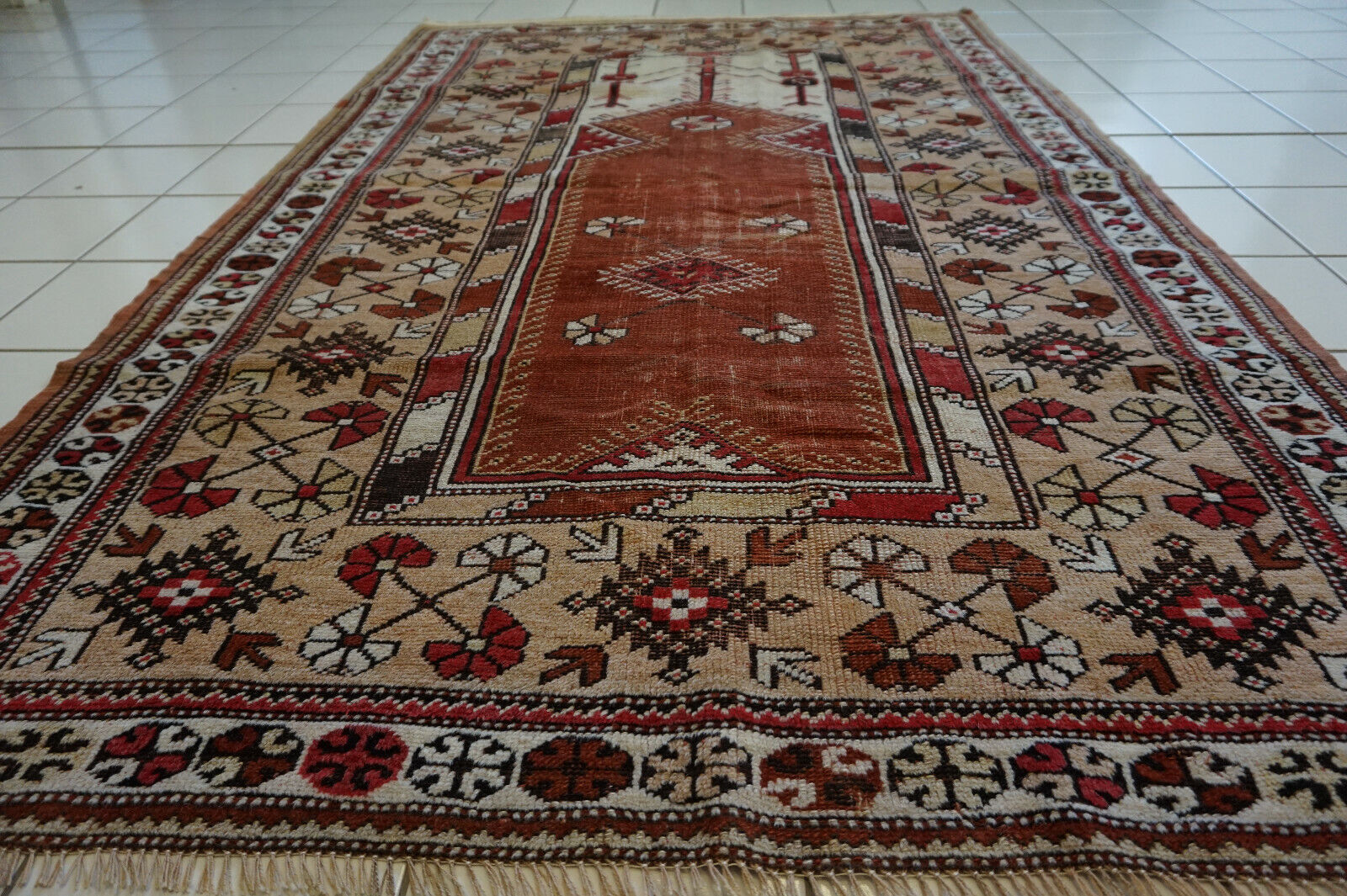Artistic display of the Handmade Traditional Turkish Melas Rug as a room centerpiece