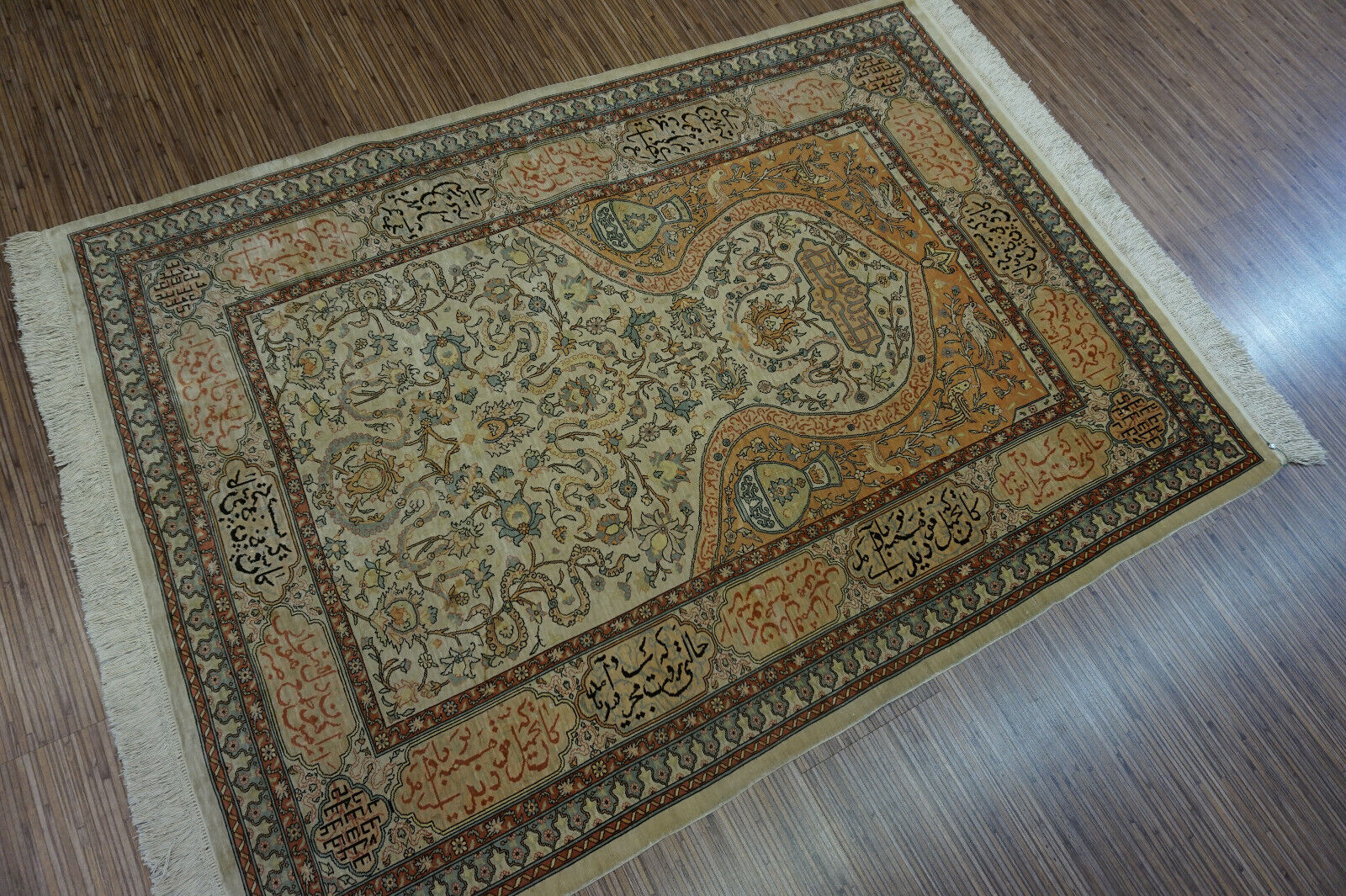 Front view of the Handmade Vintage Turkish Hereke Silk Rug highlighting design elements