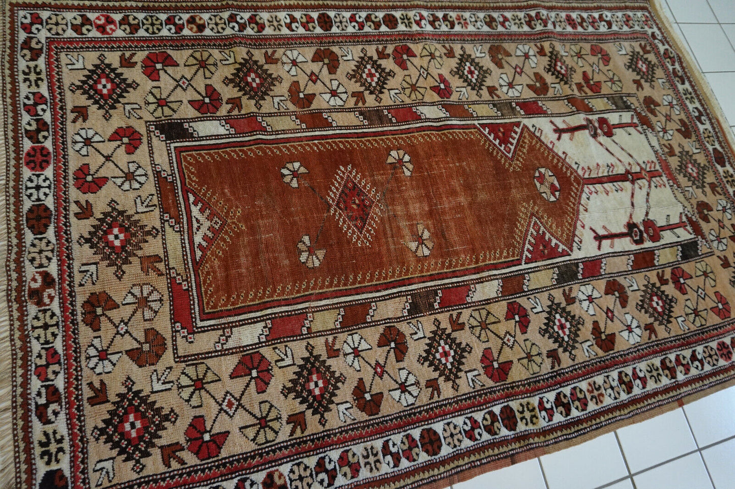 Angled shot of the Handmade Traditional Turkish Melas Rug complementing furniture