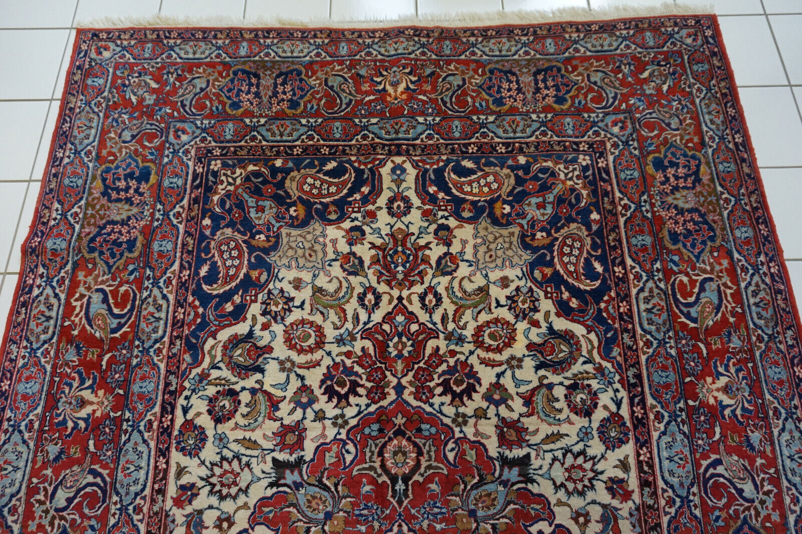 Front view of the Handmade Antique Persian Style Isfahan Rug highlighting its captivating colors