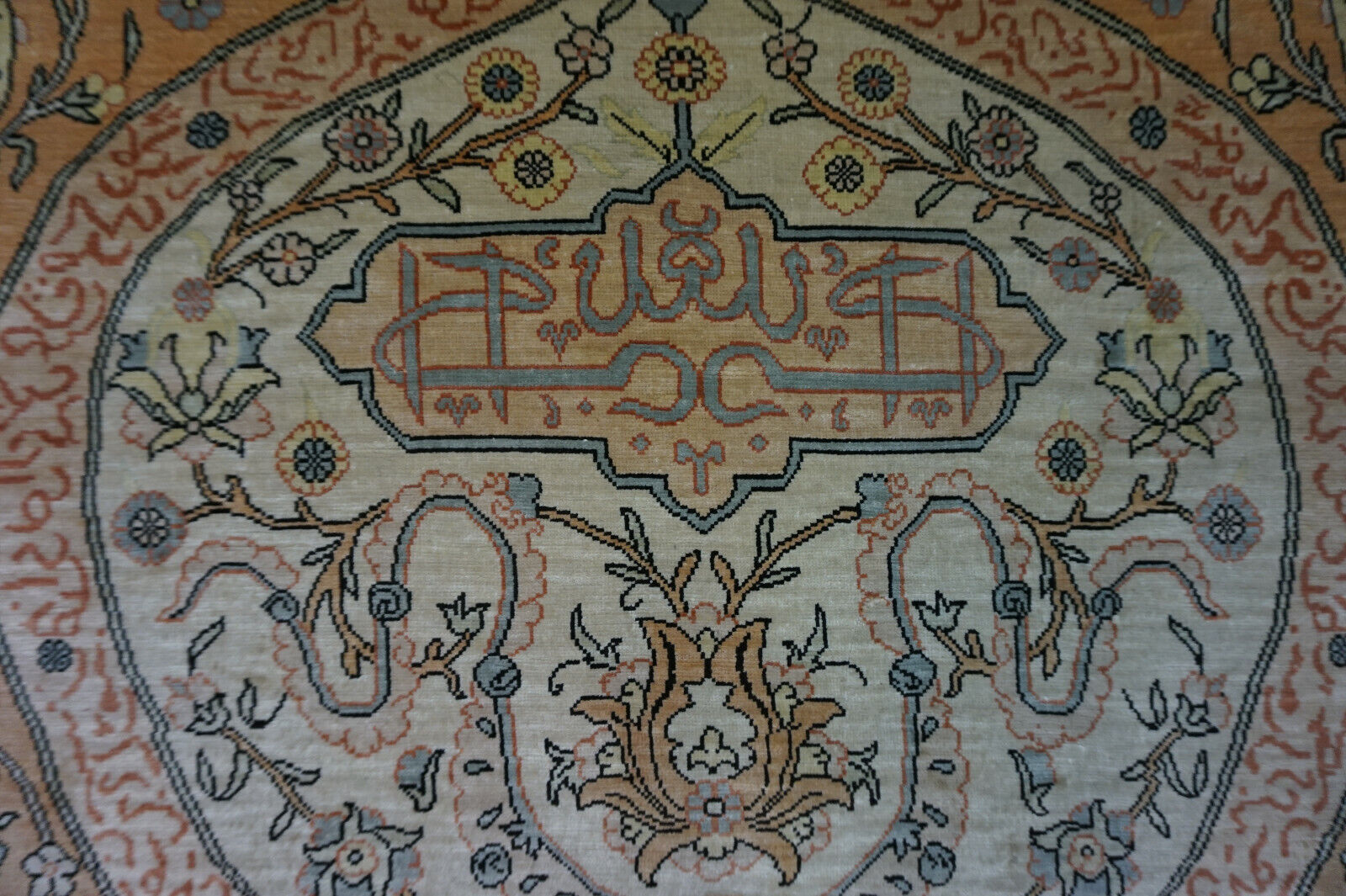 Overhead shot of the Handmade Vintage Turkish Hereke Silk Rug displaying size and dimensions
