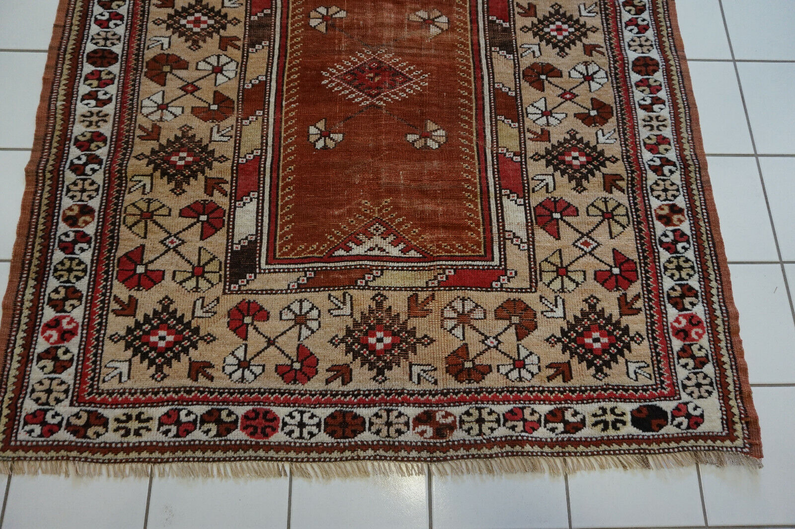 Detailed shot of the low pile areas on the Handmade Traditional Turkish Melas Rug