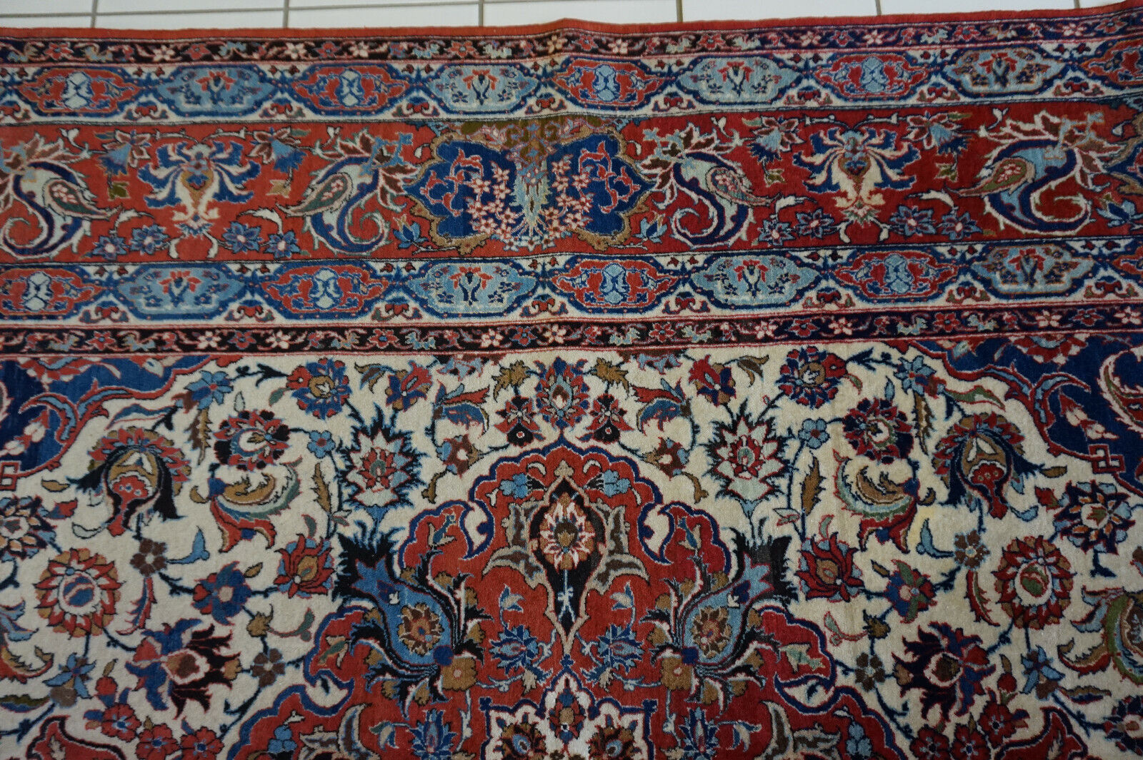 Overhead shot of the Handmade Antique Persian Style Isfahan Rug displaying size and dimensions