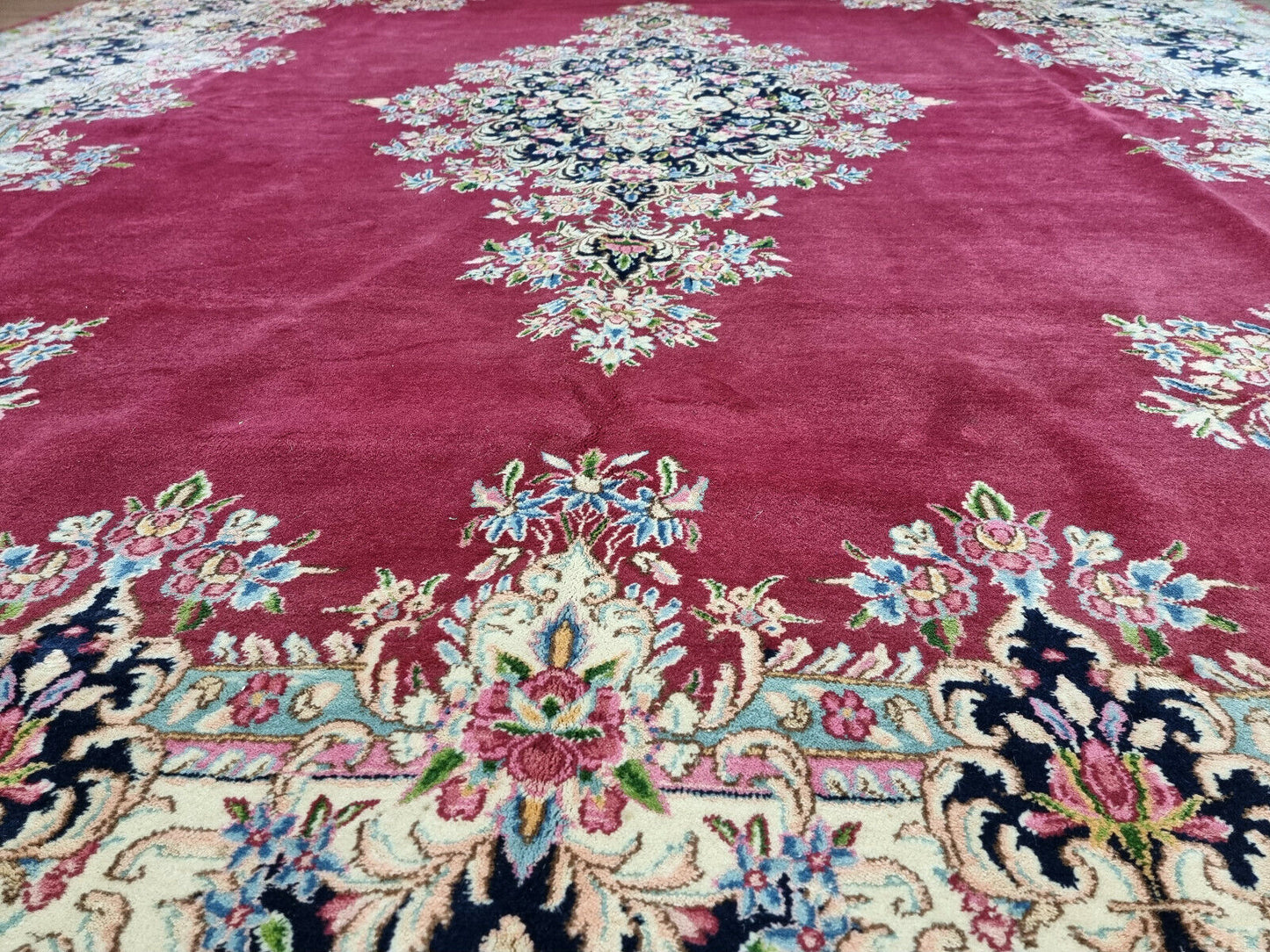 Close-up of large ornate medallion on Handmade Vintage Persian Kerman Rug - Detailed view highlighting the intricate patterns of the central medallion.