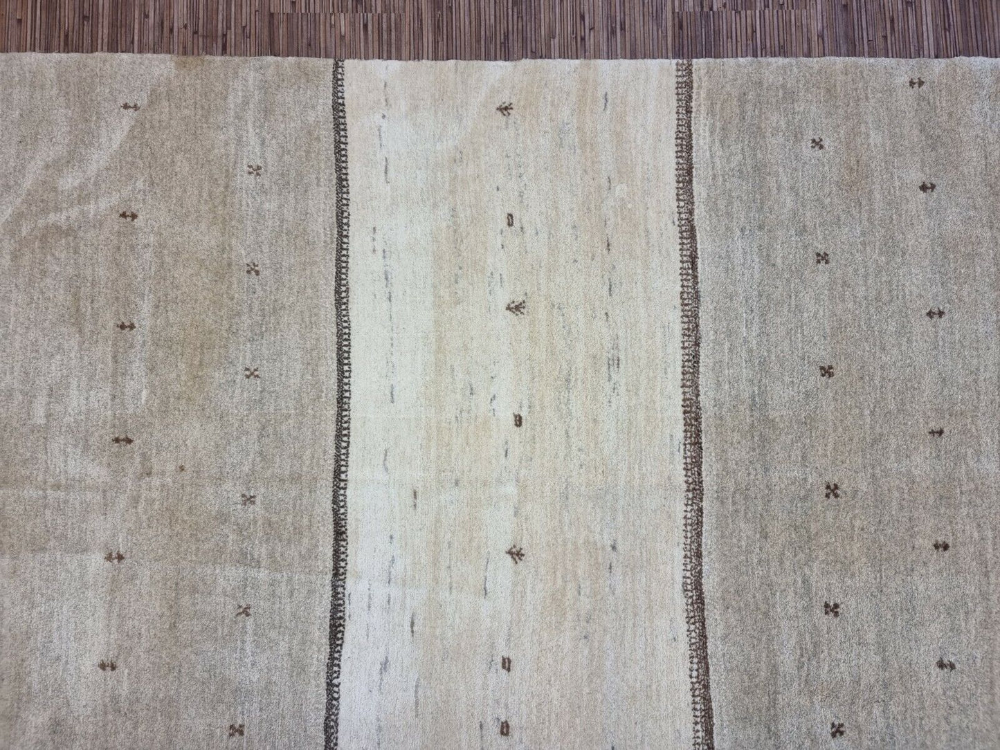 Close-up of the horizontal stripes on the Handmade Vintage Persian Style Gabbeh Rug