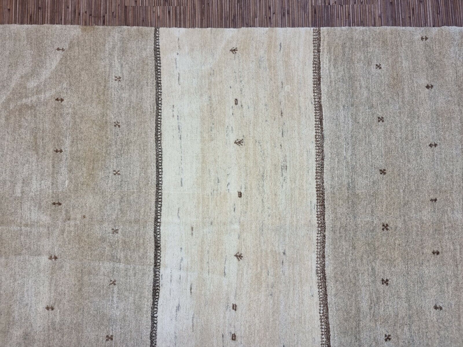 Close-up of the horizontal stripes on the Handmade Vintage Persian Style Gabbeh Rug