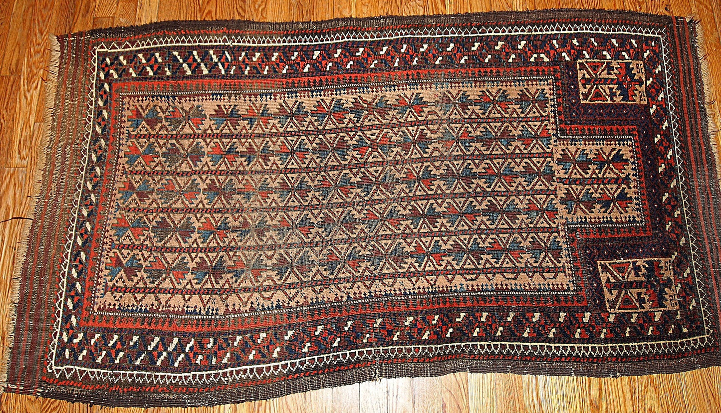 Handmade antique collectible Afghan prayer Baluch rug 2.10' x 5.3' (91cm x 161cm) 1880s - 1B219