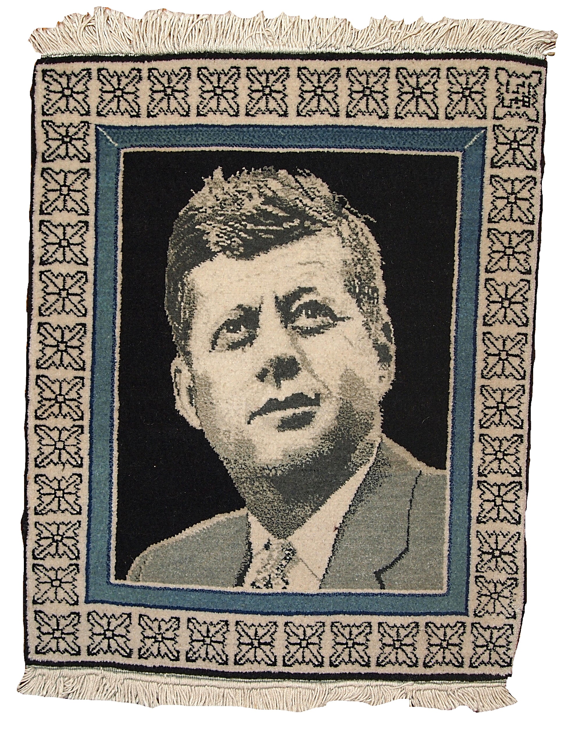 Handmade vintage collectible Persian Tabriz Kennedy portrait rug 1980s