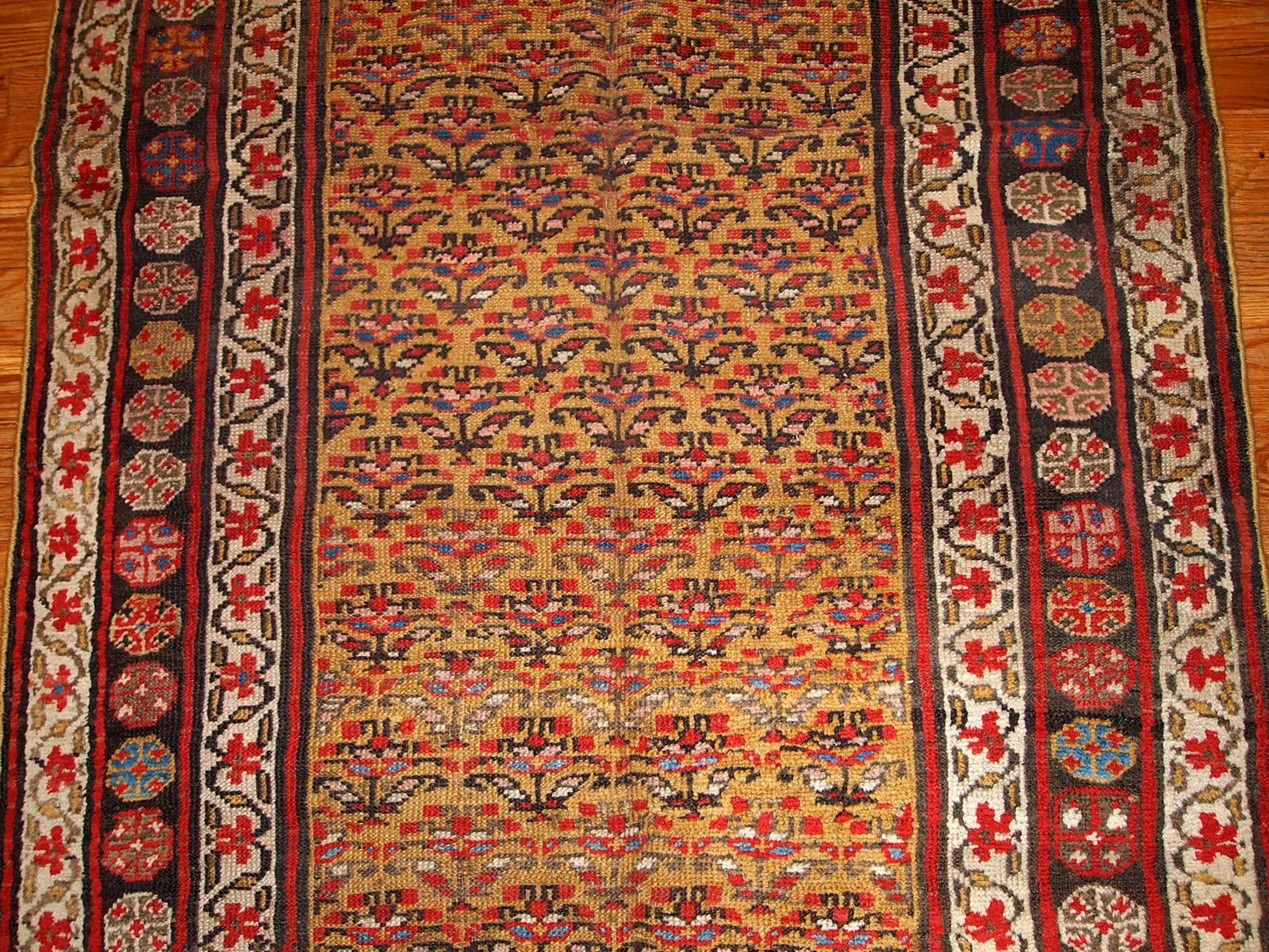 Antique Persian Kurdish rug in yellow, white and red  colors. The rug is from the end of 19th century, in good condition.