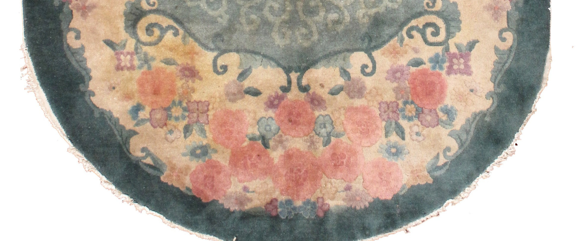 Oval Art Deco Chinese rug in original good condition. The rug is in green, rose and beige shades.