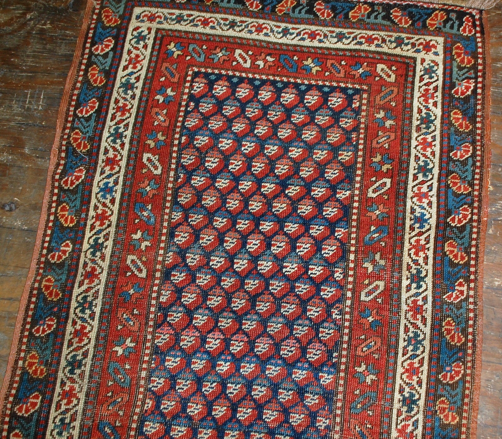 Antique hand made Caucasian Gendje rug in original condition. The rug has navy blue border and all over deign in red shades. 
