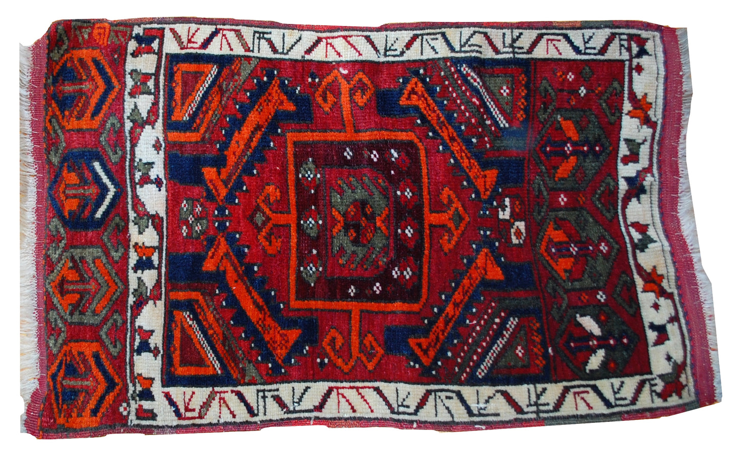 Antique collectible Turkish Yastik rug in original good condition, it is dated around 1890s. The rug made in combination of bright and dark colors. 