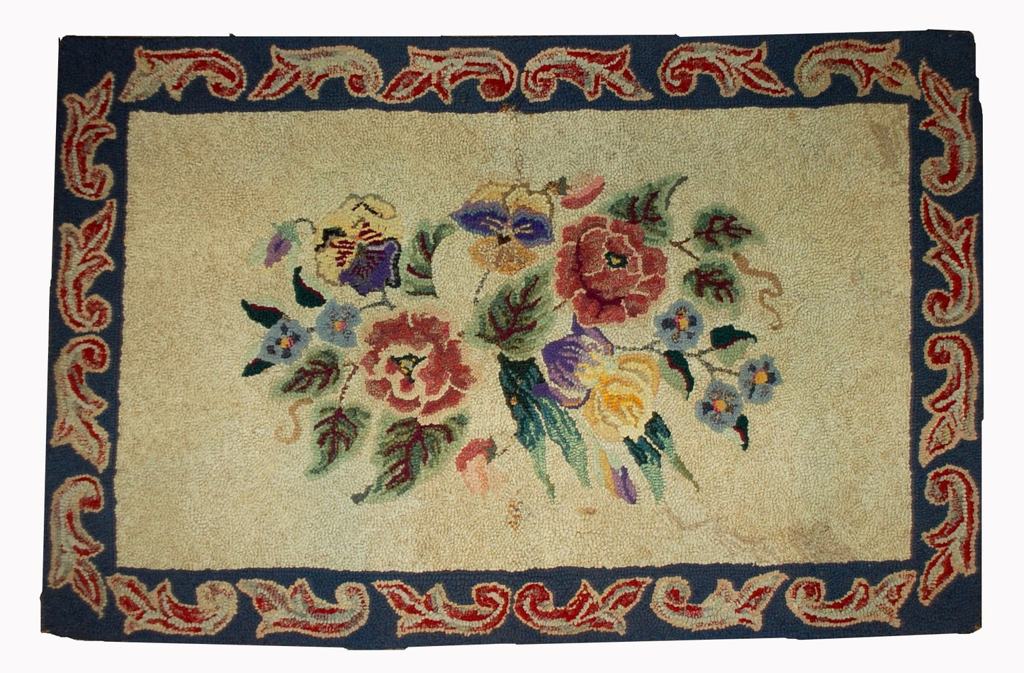 Hand made antique floral American hooked rug in original good condition. The rug made in floral design, the main shade is beige. 