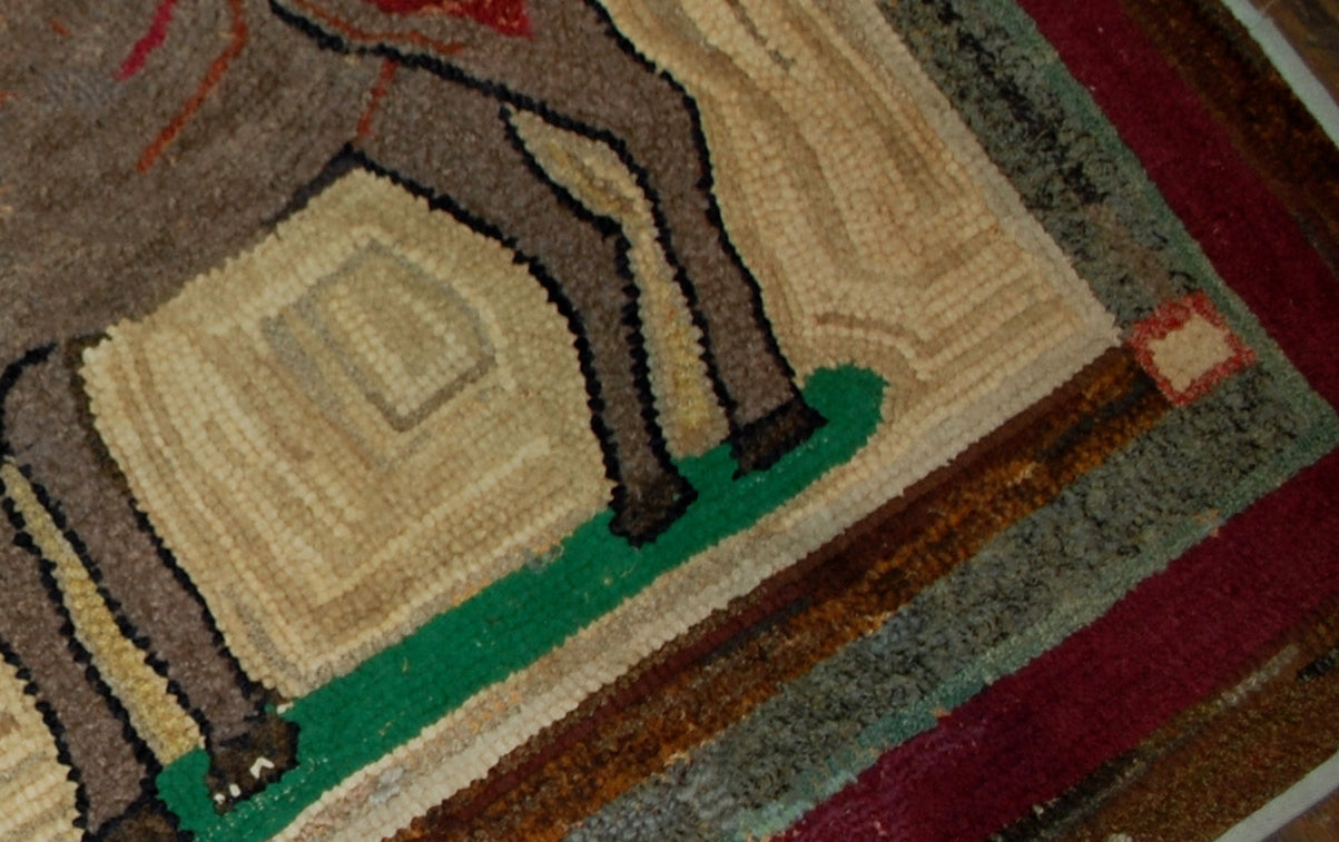 Handmade antique square American hooked rug in good condition. The rug has been made in in square shape with an image of the grey horse in the end of 19th century.