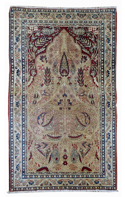 Handmade antique prayer Persian Kerman Lavar rug 1880s