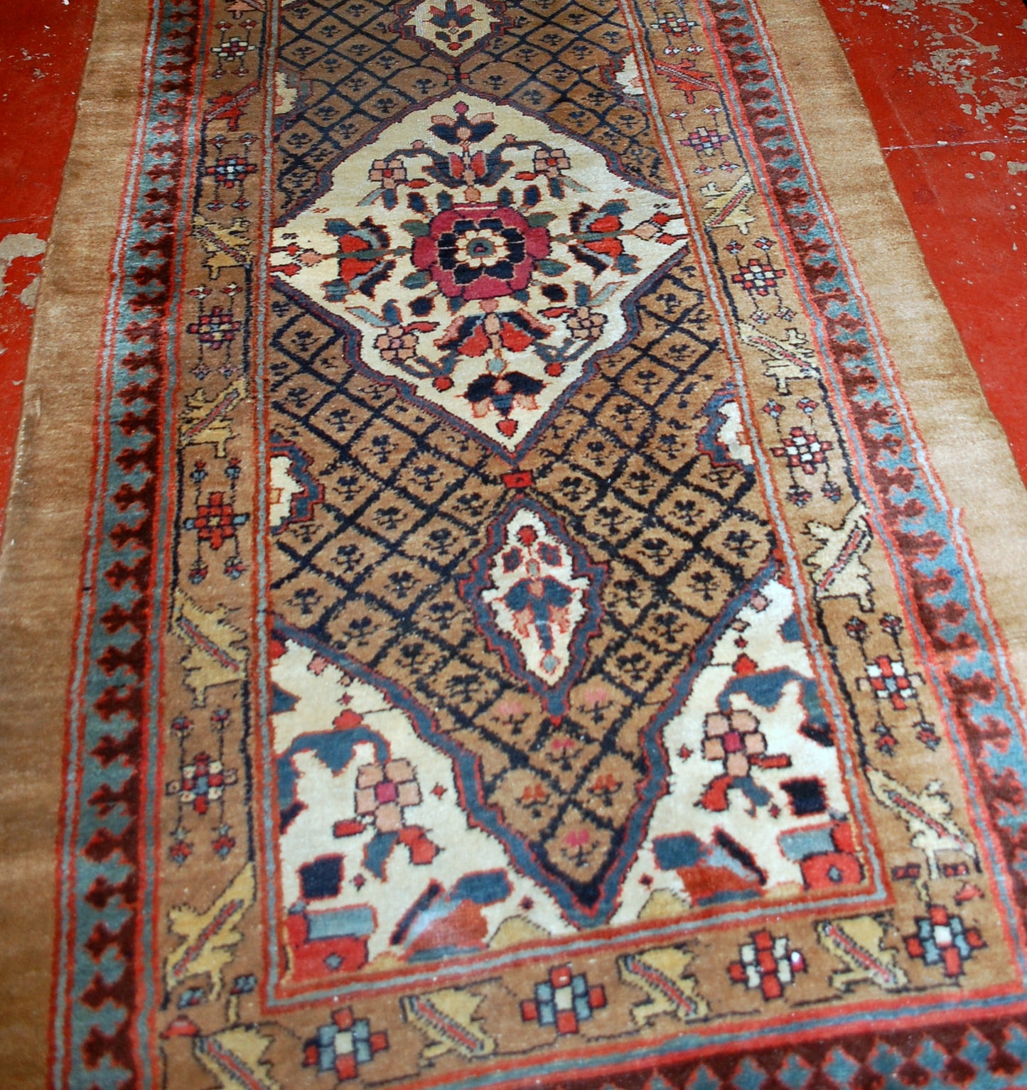Handmade antique Camel Hair runner in original good condition from the end of 19th century. This runner is wide and 15 feet long.