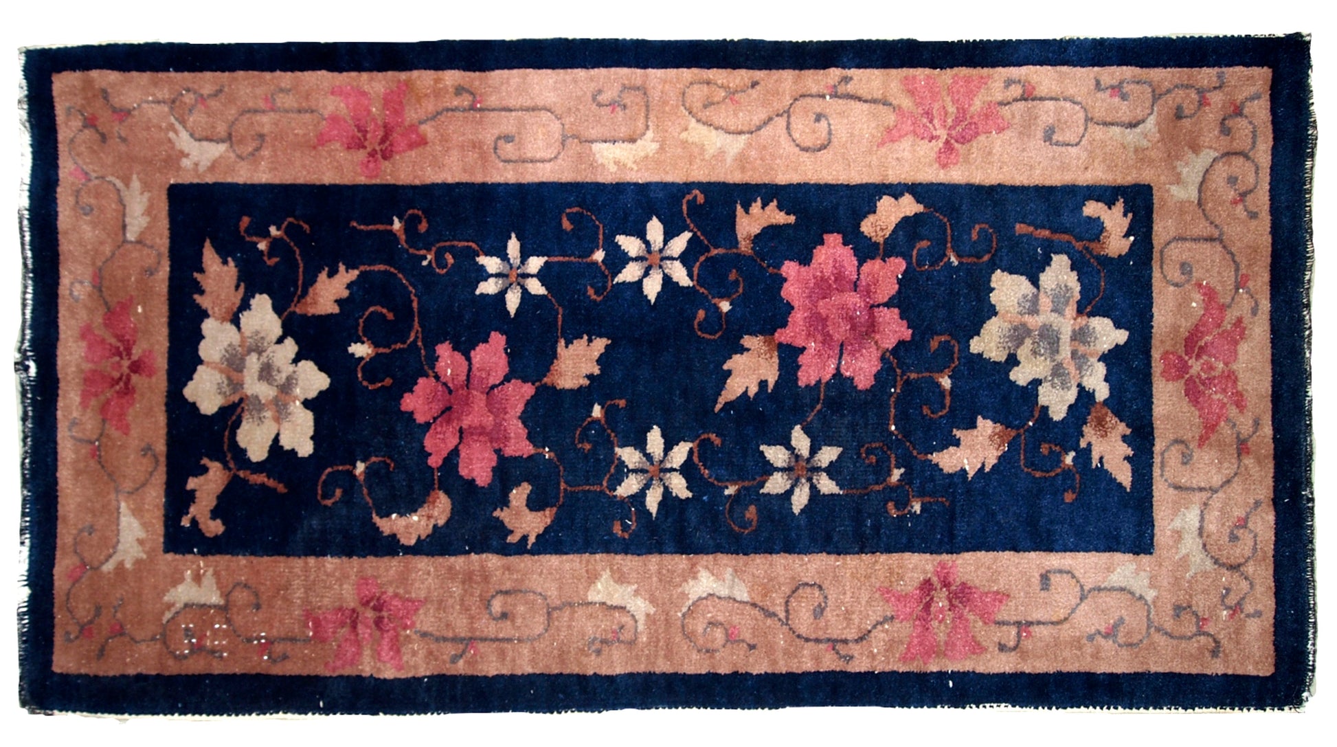 Art Deco Chinese rug in original good condition. The rug is in navy blue shade with peach border. 