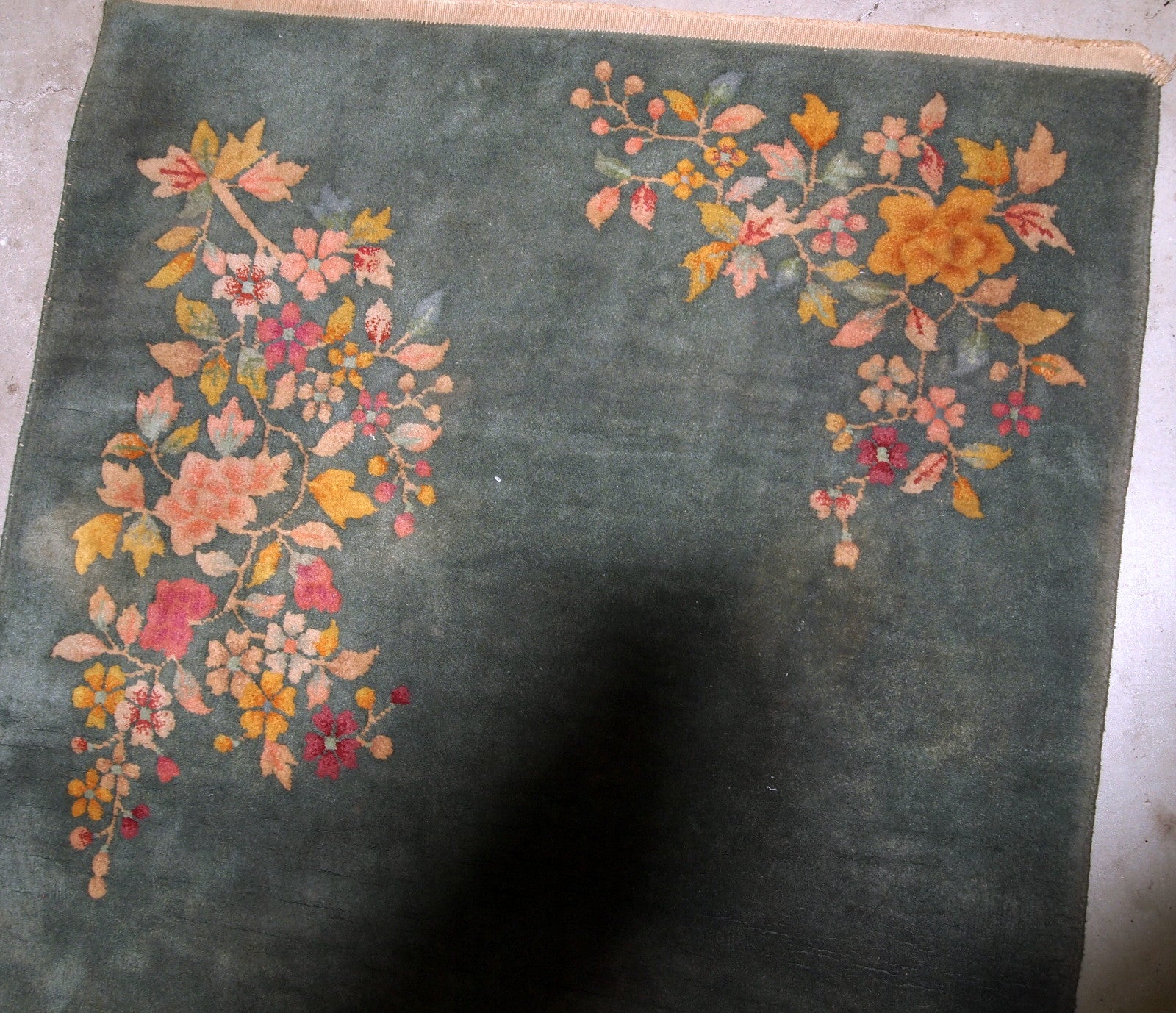Antique Art Deco rug from the beginning of 20th century in green shade. The rug has some age discolorations ( the does not shows much). 