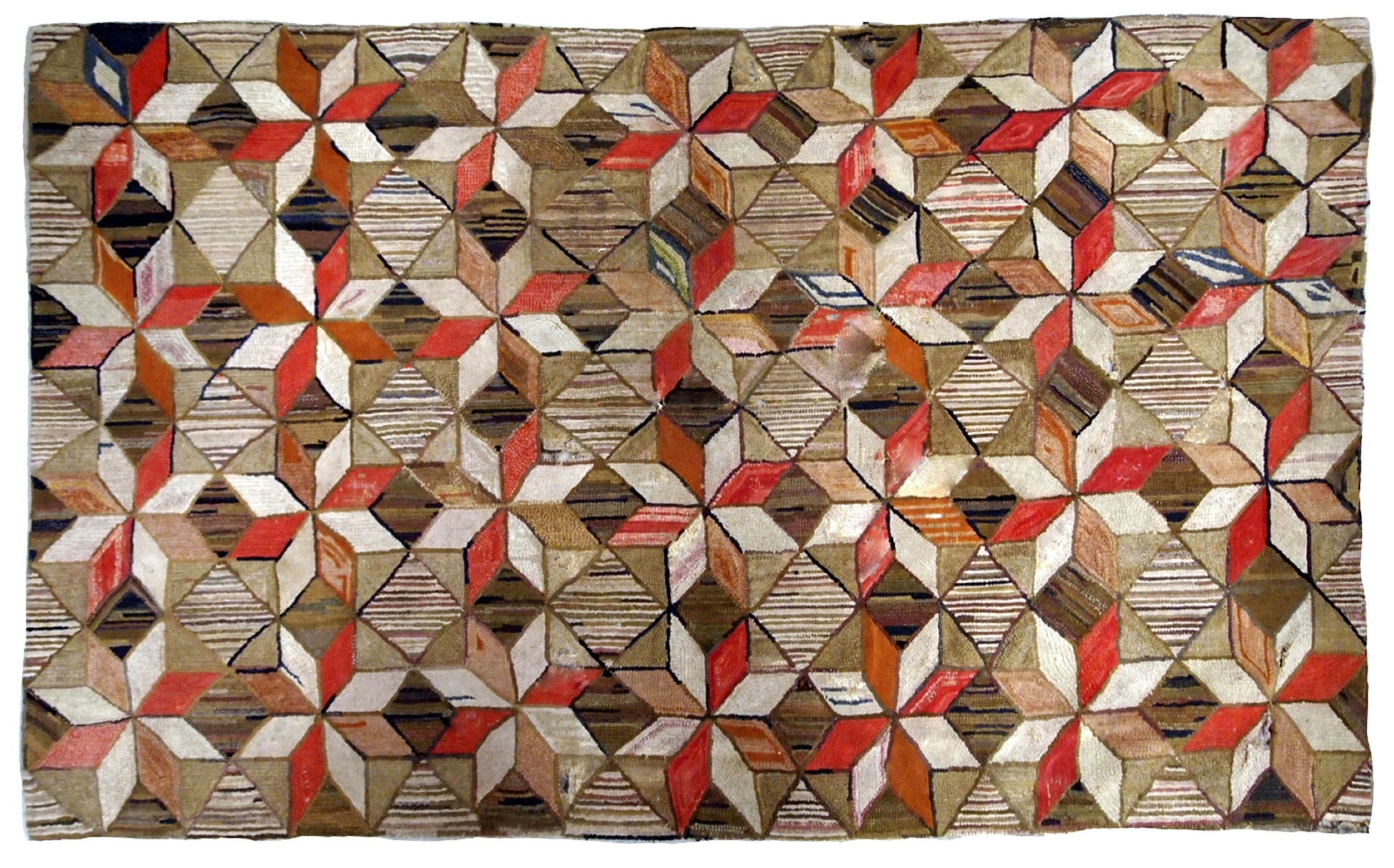 Antique handmade geometric American Hooked rug in brown, red, beige and olive shades. The rug has several holes, they has been restored, it is in good condition now.