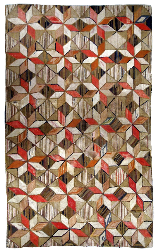 Handmade antique American Hooked geometric rug 1900s