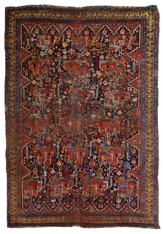 Handmade antique collectible Persian Khamseh rug 1840s