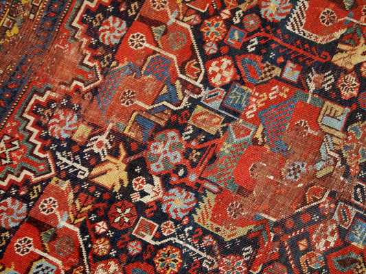 Handmade antique collectible Persian Khamseh rug 1840s