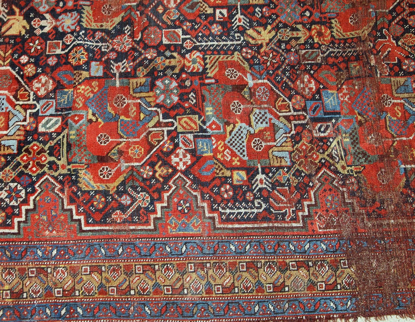 Handmade antique collectible Persian Khamseh rug 1840s