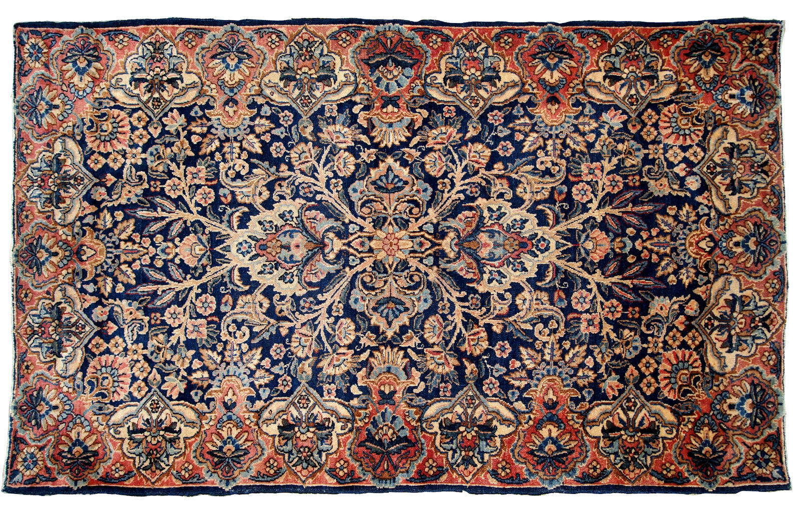 Antique handmade Kerman rug in navy blue shade with classic design. The rug is in original condition, has some low pile.