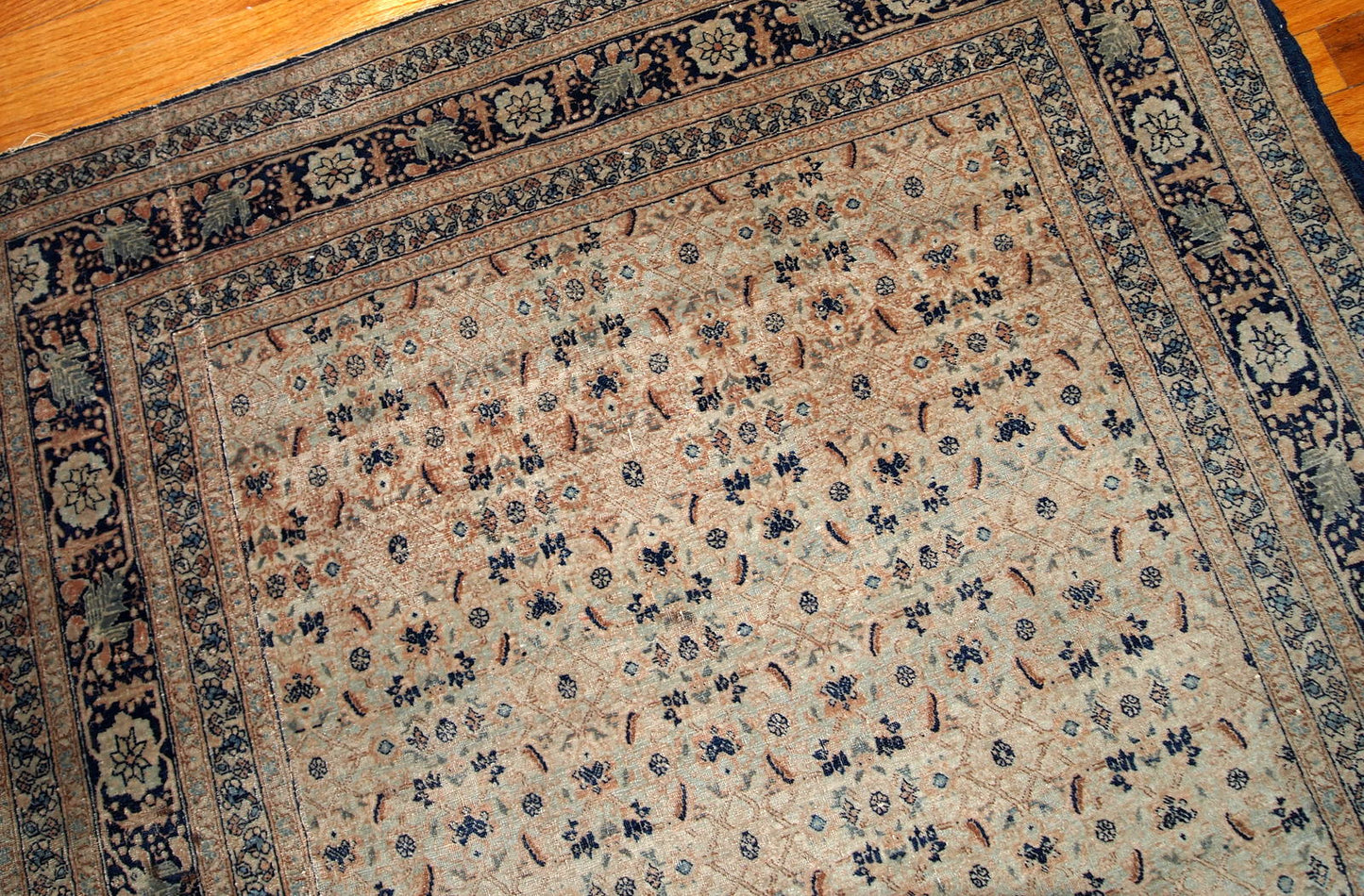 Antique Persian Tabriz Hajalili rug in beige, brown and blue wool. The rug is from the end of 19th century, it has one cut.