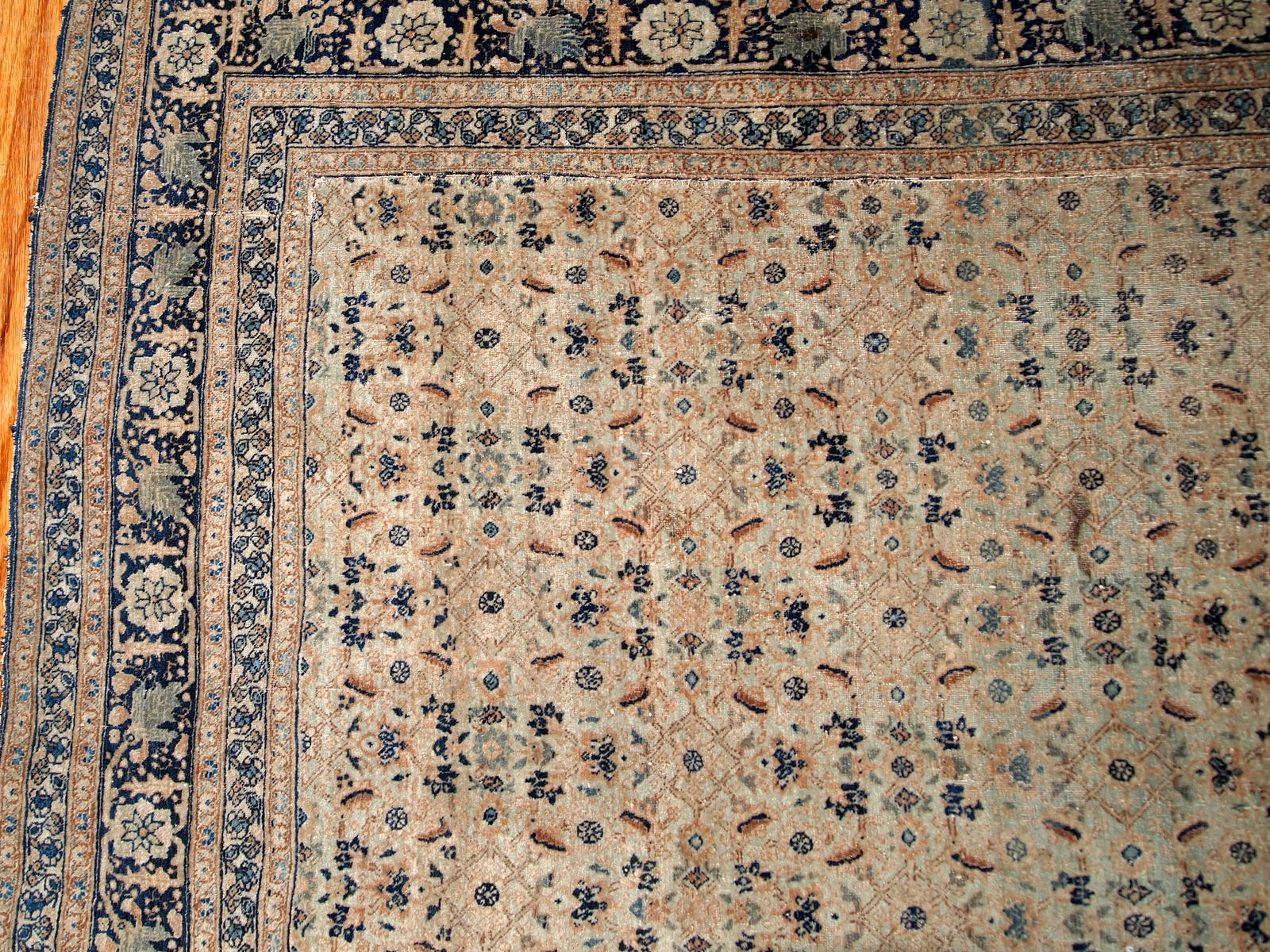 Antique Persian Tabriz Hajalili rug in beige, brown and blue wool. The rug is from the end of 19th century, it has one cut.