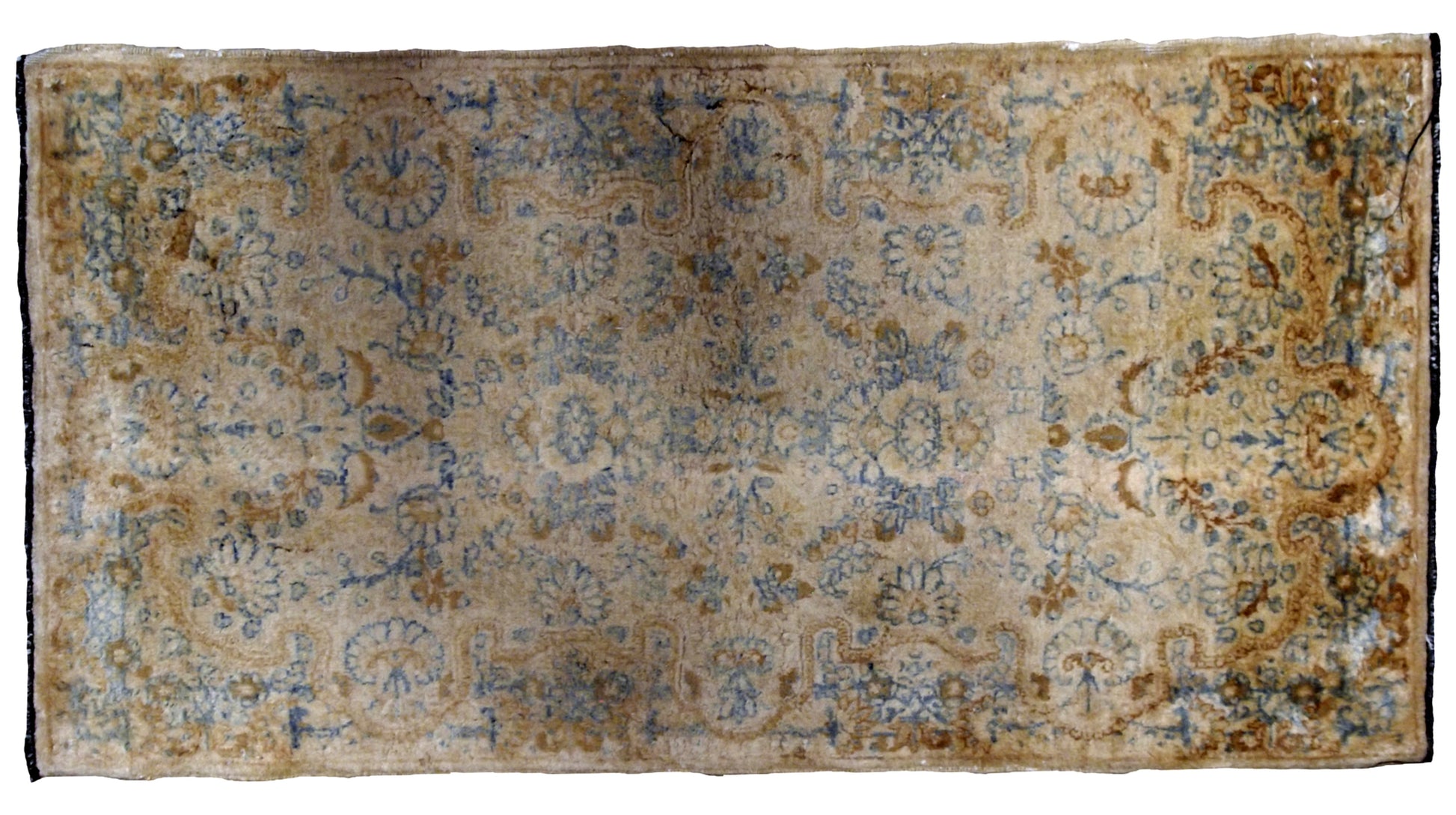 Hand made antique Persian Kerman rug in beige and sky blue shades. The rug is from the beginning of 20th century in original good condition.