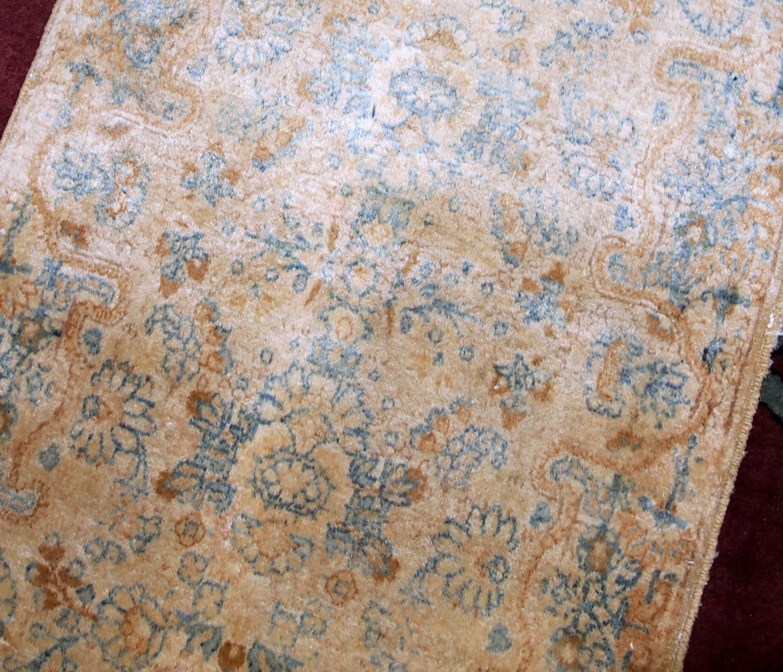 Hand made antique Persian Kerman rug in beige and sky blue shades. The rug is from the beginning of 20th century in original good condition.