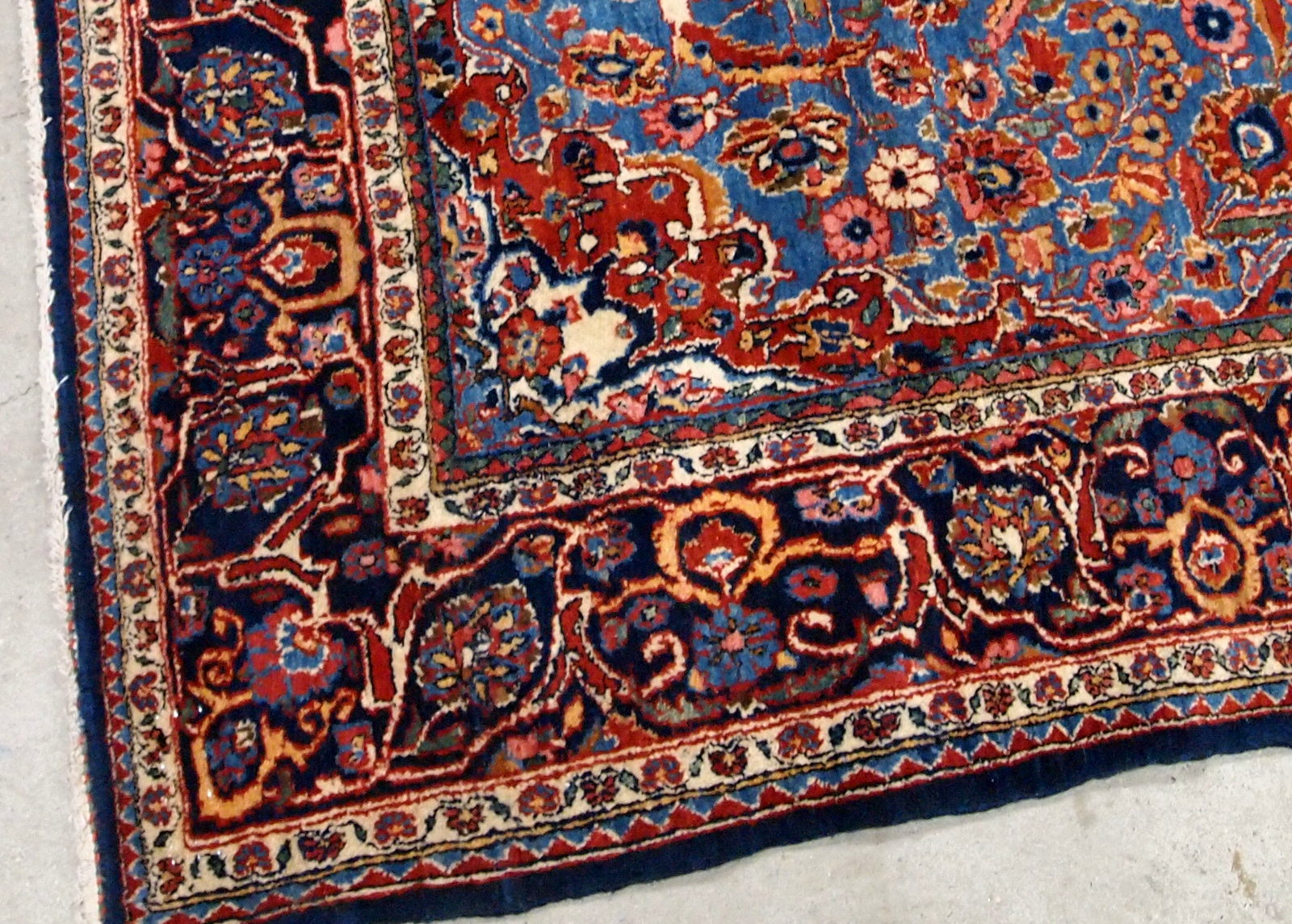 Antique Persian hand made Kashan rug in sky blue color. The rug is in original good condition from the beginning of 20th century.
