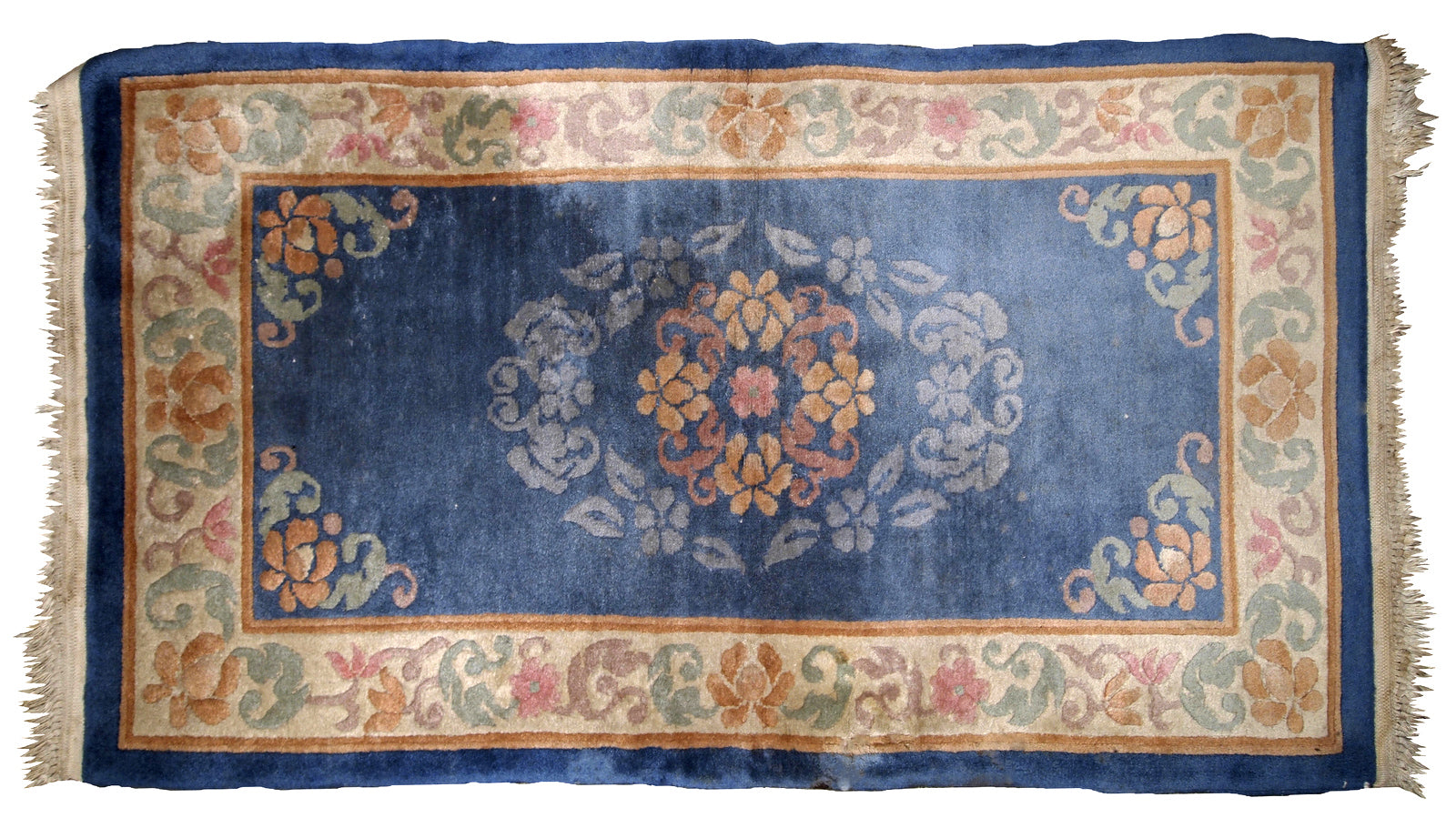 Antique handmade Art Deco Chinese rug in blue shade and traditional floral design. The rug is from 1960s in original good condition.