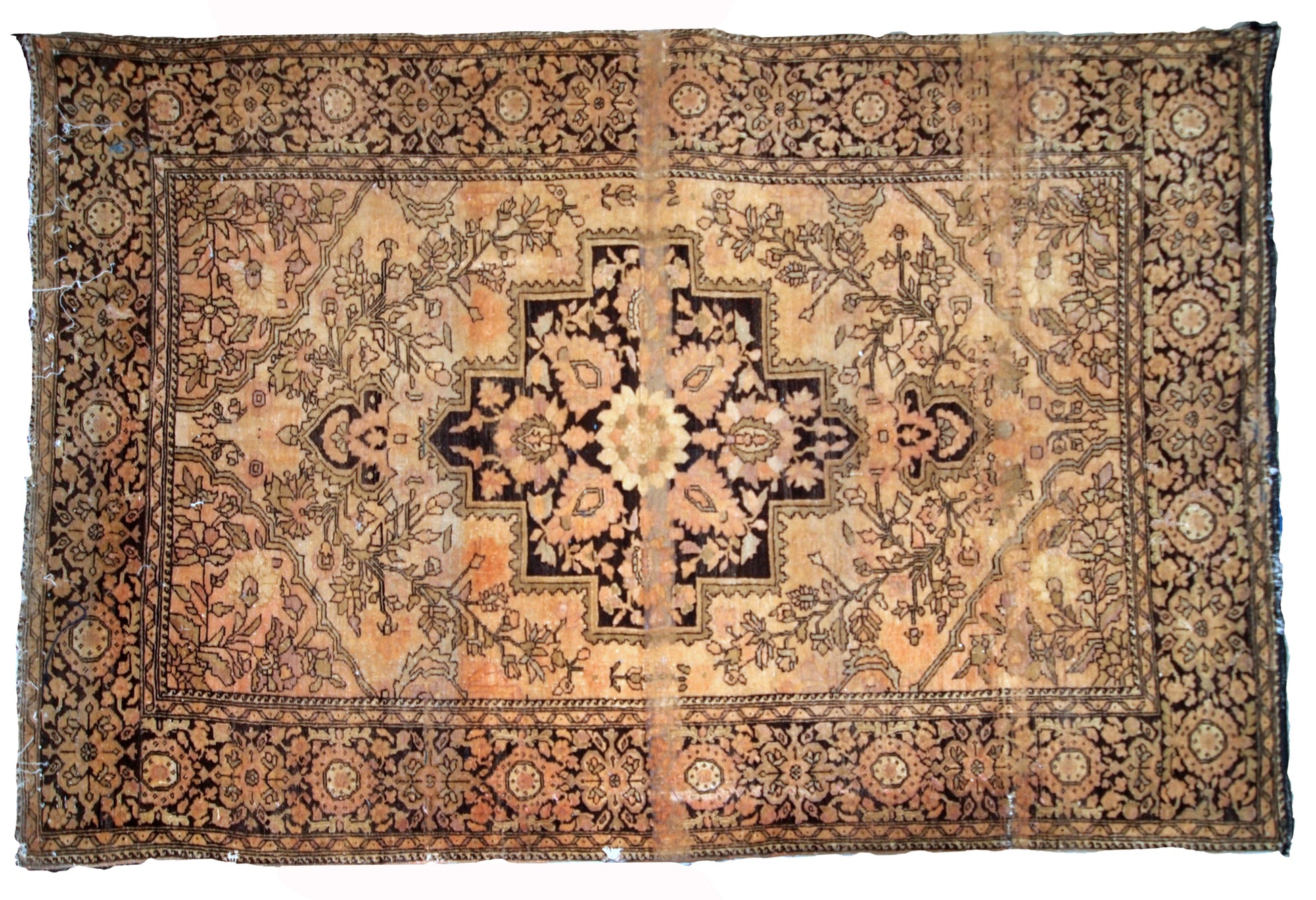 Handmade antique Sarouk Farahan rug in light shades. The rug is from the end of 19th century in original condition, has some low pile.