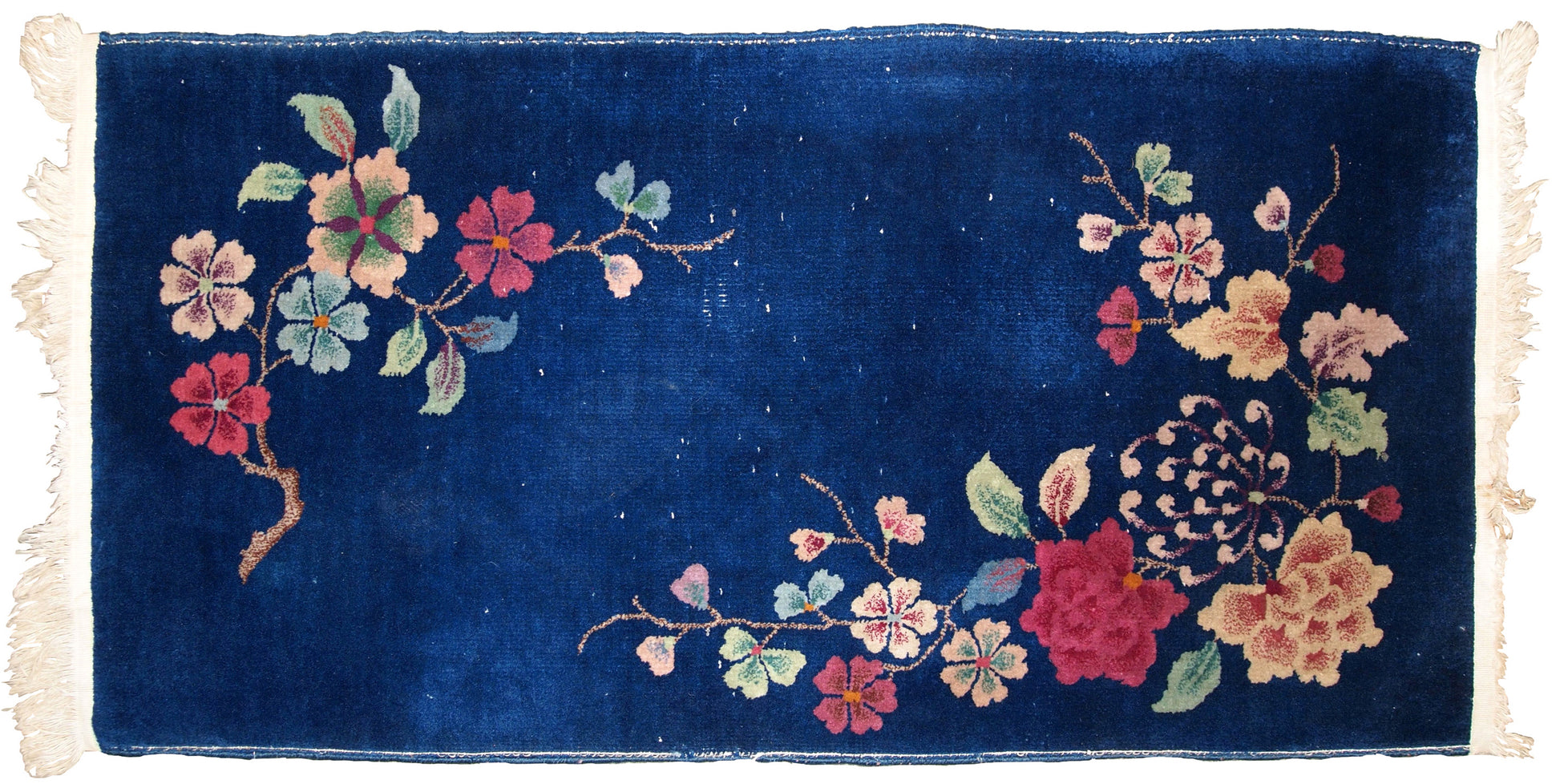 Hand made antique Art Deco Chinese rug in deep blue shade. The rug is in original condition, has some low pile.
